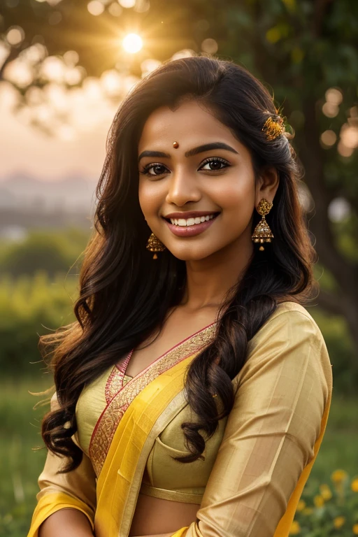 evening scenario, portrait of 25 year old extremely beautiful Tamil girl, dancing on a hills, (wearing:1.6 rose colored half saree, yellow colored blouse, yellow colored designer skirt), (high quality detailing: beautiful gorgeous face & eyes & nose & ears & lips & curves & skin & body parts), (bright smile:1.6), long braided black hair, ornaments, view at viewer, eyes symmetry, face symmetry, (background:1.6 evening sun, evening sky, birds, slope path, green grass, colorful flowers, one big tree)