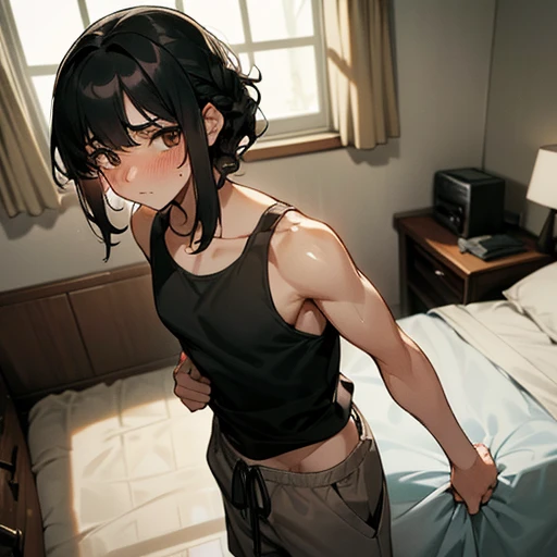 thin, muscular, short hair, men's short hair, big breasts, tanned skin, olive skin, light brown hair, blue eyes, green eyes,