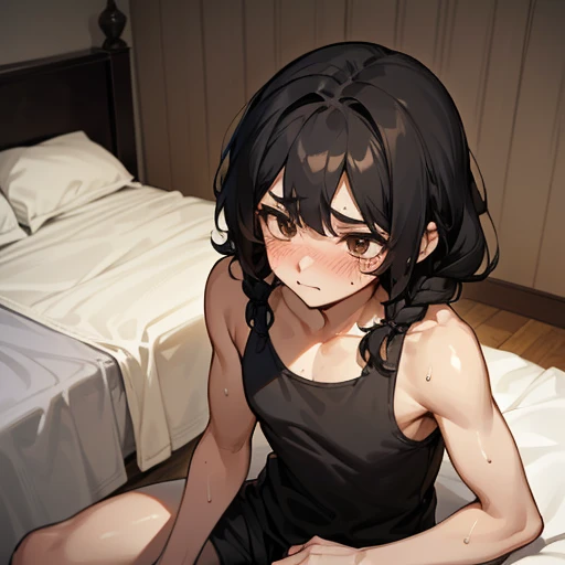 A young man {19 years old} with short curly black braided hair, a wet tank top, and baggy gray sweatpants, (bedroom), (brown eyes), (black hair), (feminine stature), blushing nervously looking up, tsudere, pinned on bed, slightly worried,