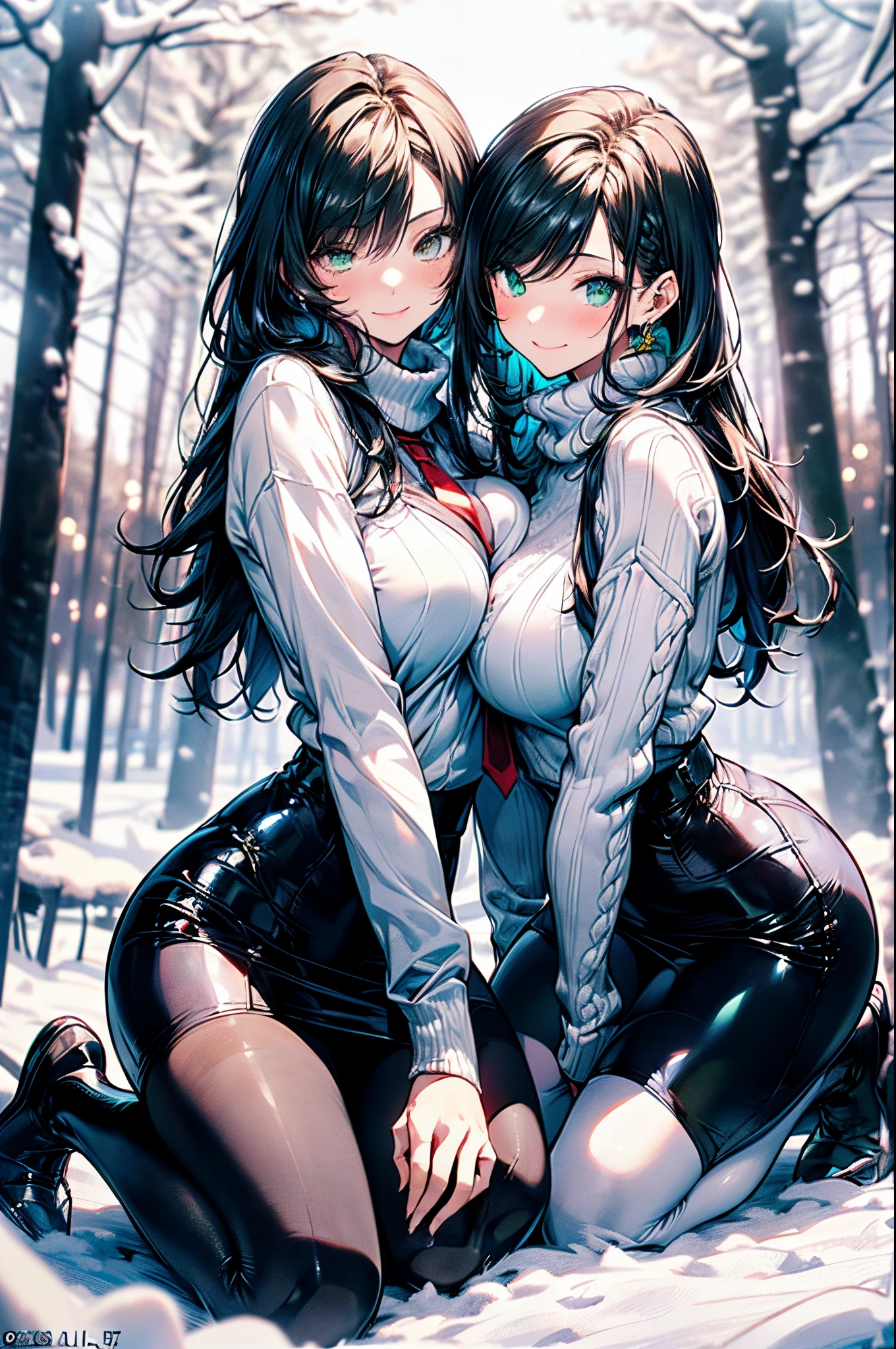 ((2 girls group shot:1.37, playing around in snowy field in forest:1.3, in back of cute snow bunny:1.3)), Nordic, ((matured girl wearing Sexy white outfits:1.3, beige cable knit sweater:1.3, close to viewers:1.37, harass sexually:1.25)), a matured woman with long black hair and a white outfit, white winter coat with bore, knit scarfs, green ribbon tie, knee length long boots, white and green winter outfits, Christmas wreath, white bags on a sled, wearing dark green pencil skirt:1.3, full bodyesbian, fine details, beautiful anime illustration, 26 years old, (milf:1.3), ((pair:1.5)), (sfw:1.25), (sagging breast, fuge breasts, big tits, thin waist, big ass:1.2), Raised sexy, (dark mahogany medium short hair, updo, hair over one eye, asymmetric hair, Carly hair, low tied braids), (musulman, white Headscarfs, hair bands, head vandage, Turban), (ultra high resolution, 8K RAW photo, photo realistics, thin outline:1.3, clear focus), best qualtiy, natural lighting, textile shading, blurry back ground, depth of field, bokeh, (Bright fine pupils:1.2, high detailed beautiful eyes with highlight:1.3, super detailed eyes, high detailed face), Red lip, fine realistic skins:1.1, looking at viewers:1.3, (dutch angle:1.3, full body:0.5, front view:0.6, tigh focus:1.3, from below:1.4), (dynamic posing:1.5, multi posing:1.3, sexy posing:1.3, sitting on ground:1.4, kneeling:0.2, leaning forward:1.4), (seductive, laughing:1.4), centered image:0.2, (wearing white long coat with bore and clothes, (bare breast:1.2), gold ornaments, rolling red clothes around waist, dark brown long leather boots:1.3, translucent lace pantyhose), (((correct anatomy:1.5, perfect hands:1.5, ideal ratio body proportions:1.37))), (in a night:1.3), outdoors:1.6, under starry sky:1.2,