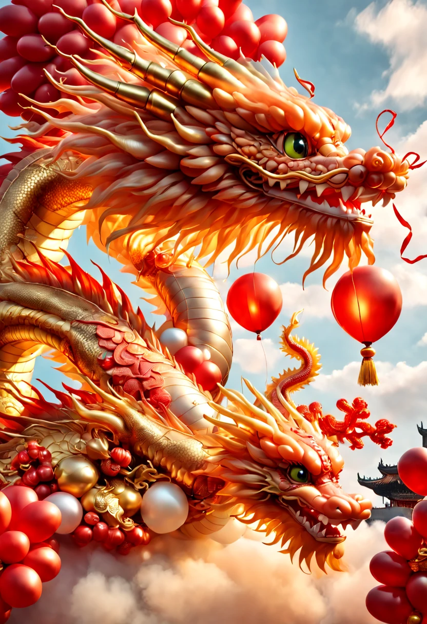 Baronzi, (Chinese dragon made from balloons, Red and gold Chinese dragon, Fly in the sky), (Chinese Spring Festival), extremely cute，Festive holidays, ((firecrackers)), (((Cute kid holding Chinese dragon balloon)))，fundo vermelho