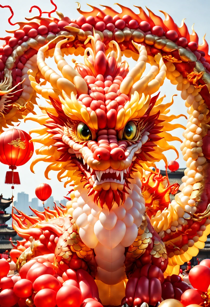 Baronzi, (Chinese dragon made from balloons, Red and gold Chinese dragon, Fly in the sky), (Chinese Spring Festival), extremely cute,Festive holidays, ((firecrackers)), (((Cute ??? holding Chinese dragon balloon))),fundo vermelho