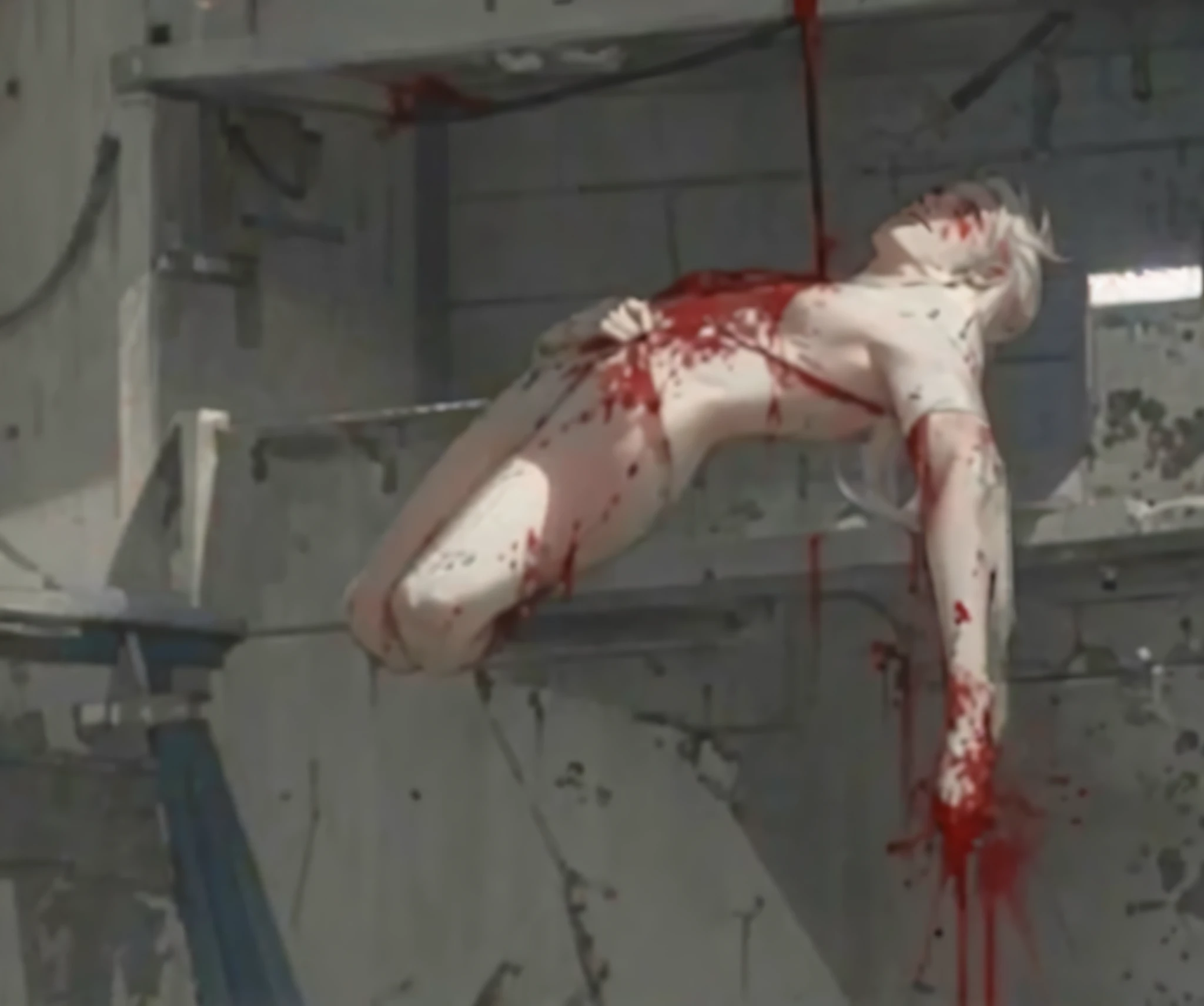 dead people hanging in a mess, blood splattering, blood dripping down the hanging hands, bloodstain, blood, masterpiece, best quality,