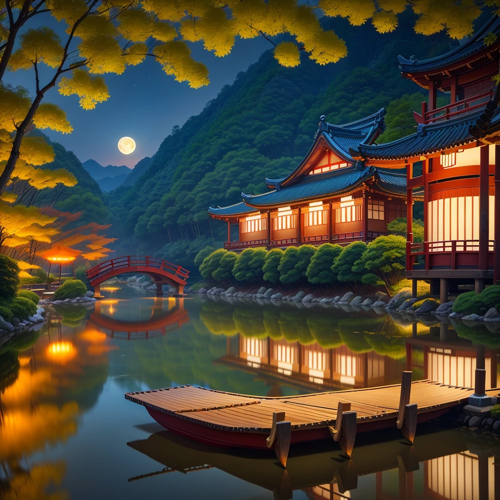 Beautiful view of Gangnam,Pavilion beside bamboo forest,Canoe umbrella,The moonlight shines on the bridge where the Cowherd and the Weaver Girl stand opposite each other ,Reflection on the surface of the lake