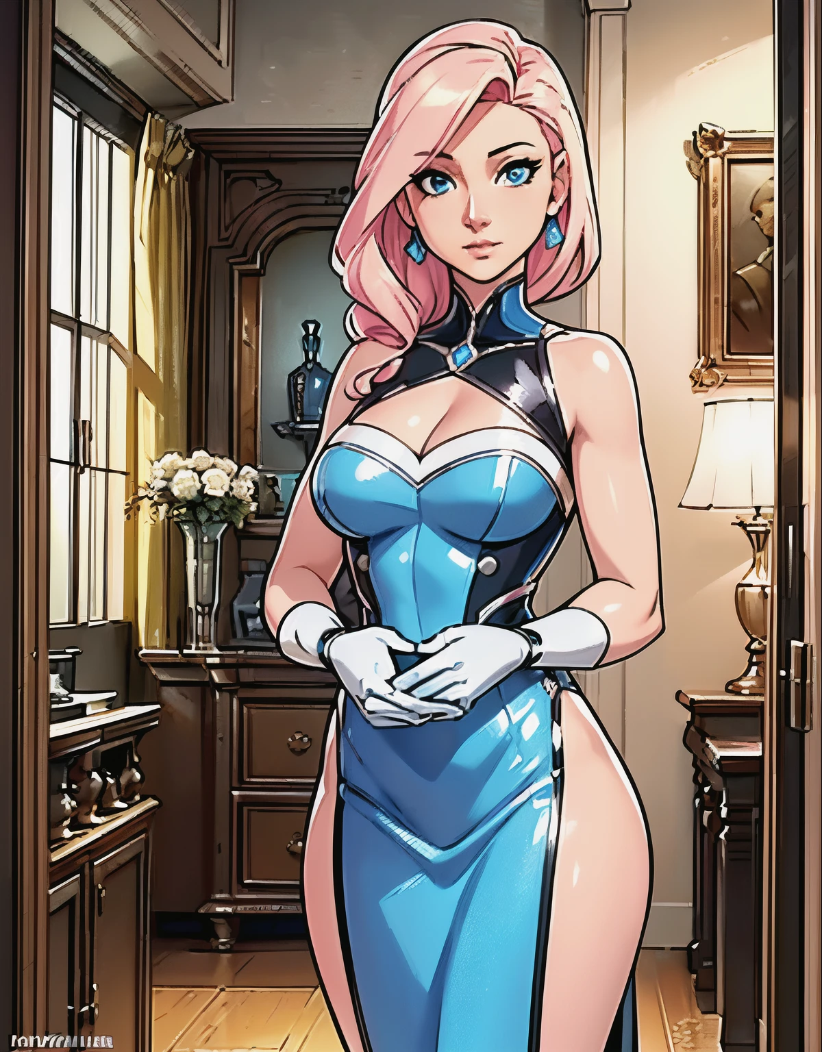 (robot housewife),(display case),(pink dress),(blonde hair),(blue eyes),(plastic skin),(best quality,4k,8k,highres,masterpiece:1.2),ultra-detailed,(realistic,photorealistic,photo-realistic:1.37),portraits,(vibrant colors,colorful:1.1),(soft lighting),(silverware),(spotless kitchen),(beautifully decorated room),(elegant surroundings),(big windows),(tidy and organized),(comfortable living space),(tastefully designed),(stunning artwork),glass showcase),(precious collectibles),(interesting artifacts),(showcasing treasures),(spotlight),(meticulously arranged),(enticing arrangement), (robot parts)