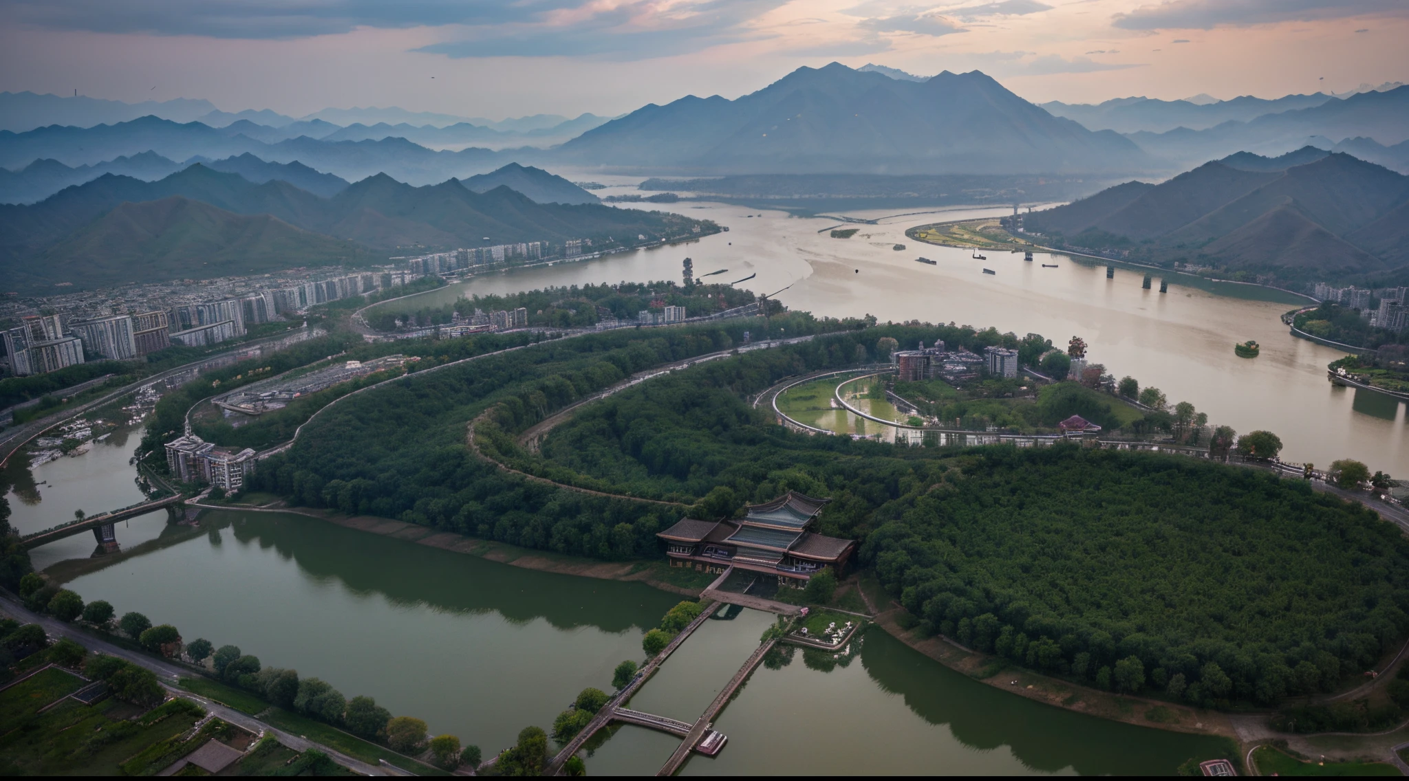 A high-altitude view of the West Lake in Yingzhou, Song Dynasty, on a rainy day, ancient Chinese architecture, movie lighting, ultra-high-precision photo-level accuracy, 8k