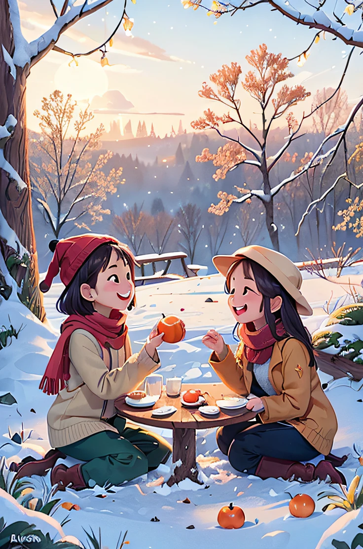 (realistically:1.37),Sitting under the persimmon tree with friends,Sitting on the old tree trunk,Open your mouth and laugh,closeup of face,Wear long-sleeved trousers,Wearing a scarf and woolen hat,snowflakes on tree,Persimmons in hand,((season winter)),,light wind,(It snowed heavily:1.0),,snow landscape,Vibrant sunshine,joyful expressions,bond of friendship,relaxing atmosphere,serene environment,lively conversation,A satisfied smile,laughter echoes,Moments of happiness,There is a persimmon tree next to it ,(The trees are covered with persimmons),Happy sharing,Cheerful ambiance,Fun interaction,pleasant smell,lindo cenario,harmonious connection,Big breasts are beautiful,lighthearted conversation,warm sunlight,,Quiet environment,dance reflection,,,gentle ripples,Tranquility in the air,Memories are full of laughter,winter happiness,Snow resort,It was snowing heavily in the sky,snow field,