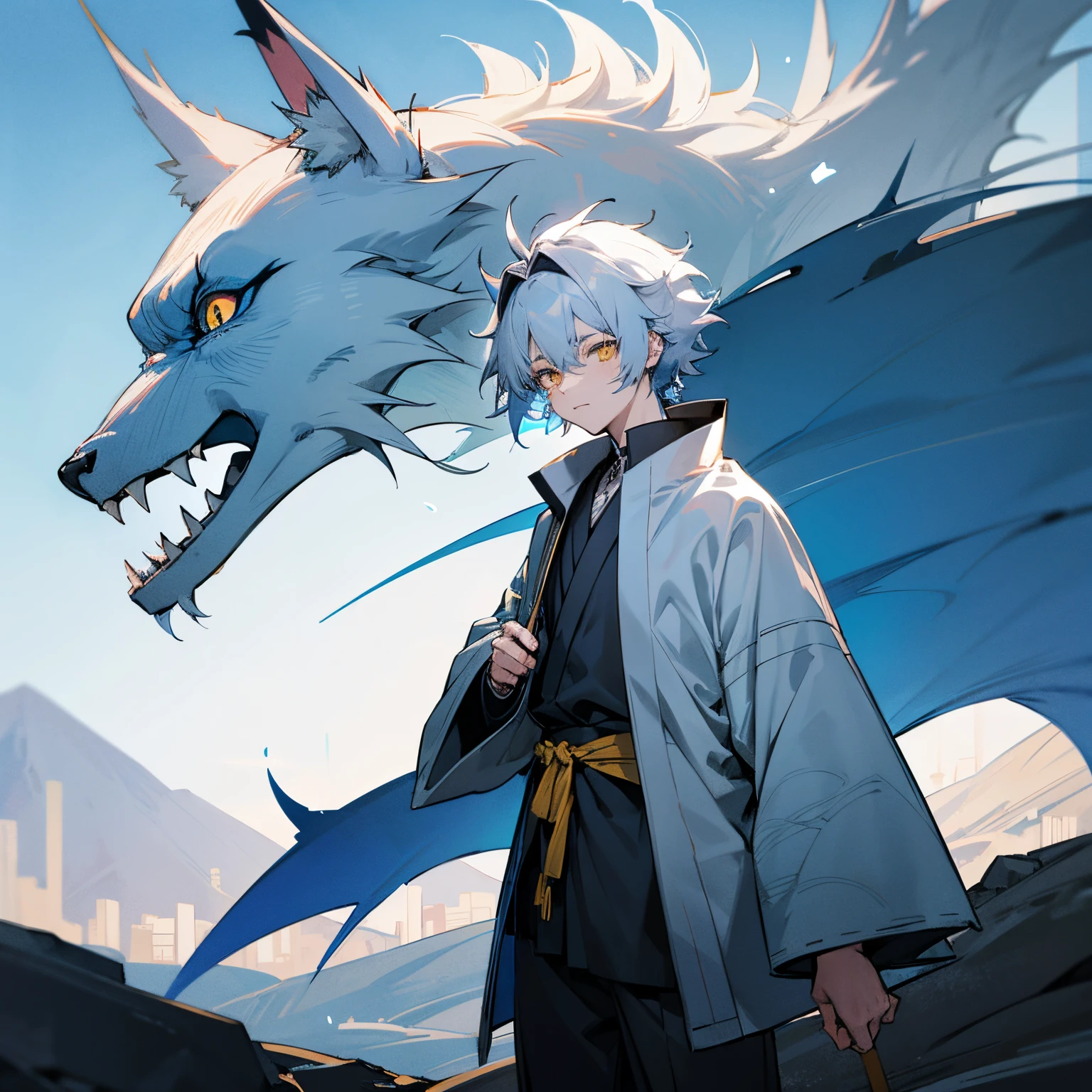 Combat Haori , Pale Blue Hair , Messy Spiky Hair , Grey and Blue Haori , Heterochomia , Two eye colors , Yellow eye , blue eye , Standing on mountain , Wrapped Wrists , 1male