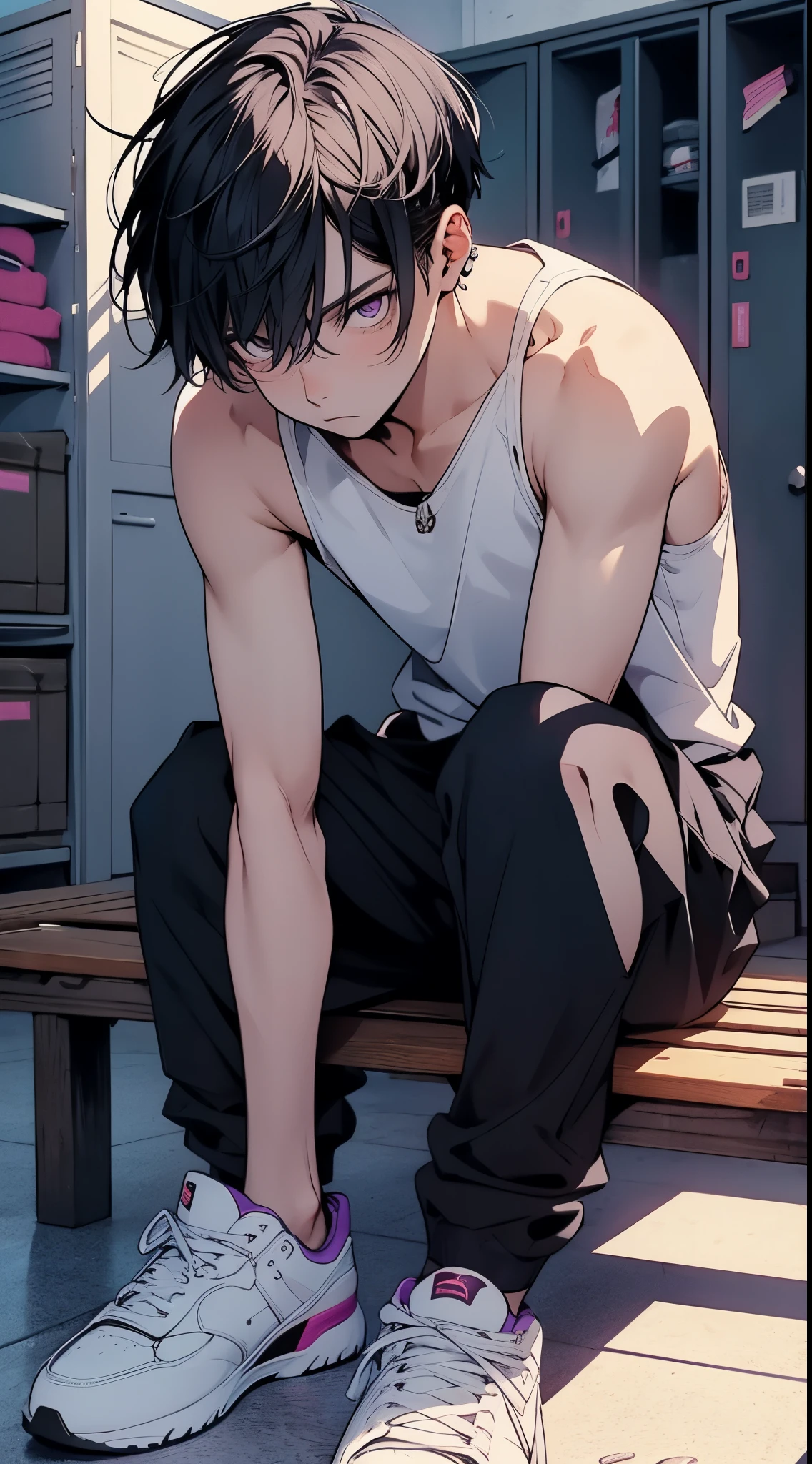 Naked,masutepiece, Highest image quality, Highest Quality, Clear line drawing, Transparent watercolor, Clear shading, Beautiful young man, Dark hair, Purple eyes, Short hair, toppless, Black pants, Wipe your hair with a towel, Locker Room, sitting in a bench, Athletic Shoes, Front composition, low angles, Handsome man,High quality, amount of drawing, pixiv illustration