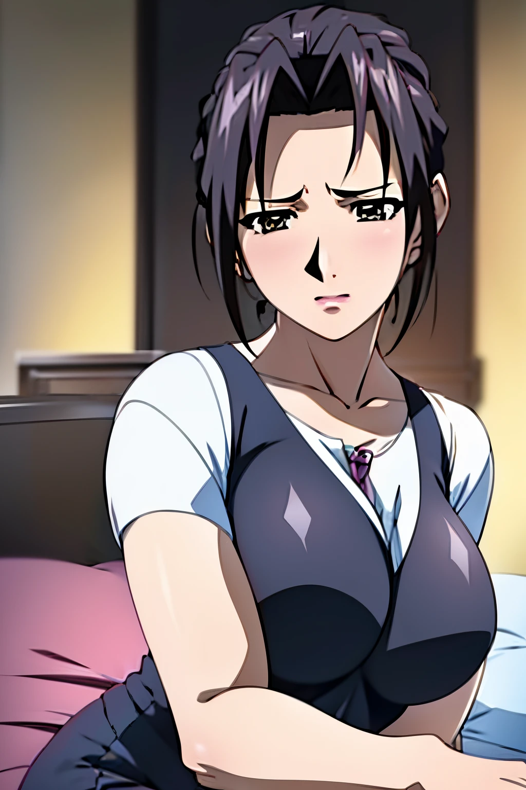 Misako wearing brown suspender tight skirt，she wears black stockings on his legs，sit on a bed，The figure is good，The head is not exposed，detailed body,[ 4K realism ]!!, [ 4K realism ]!!!, [ 4K digital art ]!!, Realistic shadow perfect body, realisticlying!!!!!!!art-style， photorealistic anime， by Shitao， Popular topics on cgstation， Casual pose， realistic anime 3D style, high quality:1.4