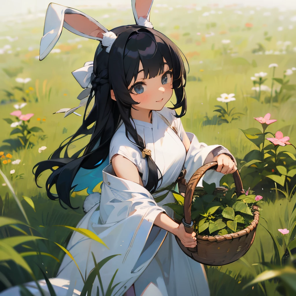 Please give me an ancient style girl with bunny ears on her head,black color hair,In the grass,Carrying a basket,Bending to pick herbs,dishiveredhair,Wearing a white gown without a waistband --auto --s2