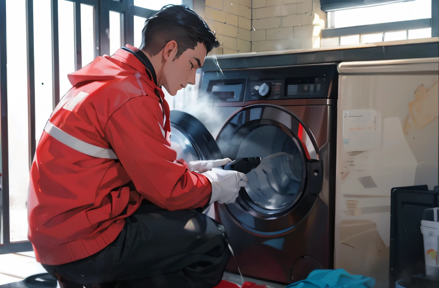 A man wearing a red long-sleeved coat squats to clean the washing machine,washes,being repaired,Wearing white gloves,Handheld high pressure water spray gun,Use a water spray gun to clean a front-loading washing machine,Spray disinfectant spray,cleanest image,high end,professional,extremely clean,max detail,in style of ghibli