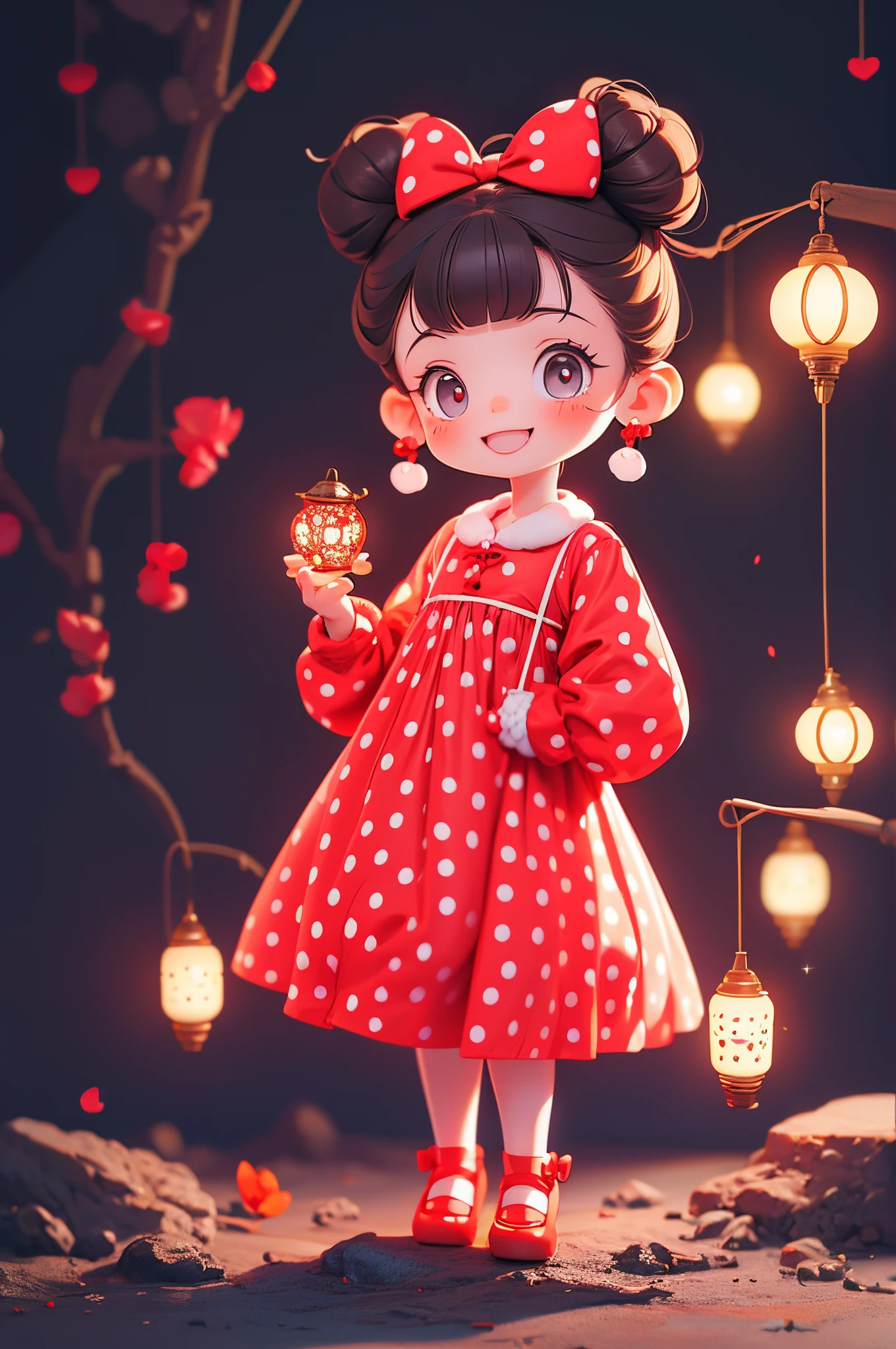 [(A cute smiling brunette girl :1.2)(small and cute baby)(Clean the skin)(Happy)][(Minnie&#39;fanciful) , KIDS ILLUSTRATION , clean backdrop], Wearing a red dress with white polka dots，He wears a bow in his hair, Full body lesbian, Usando Zapatinho Preto，Lantern in hand，（adorable eyes），