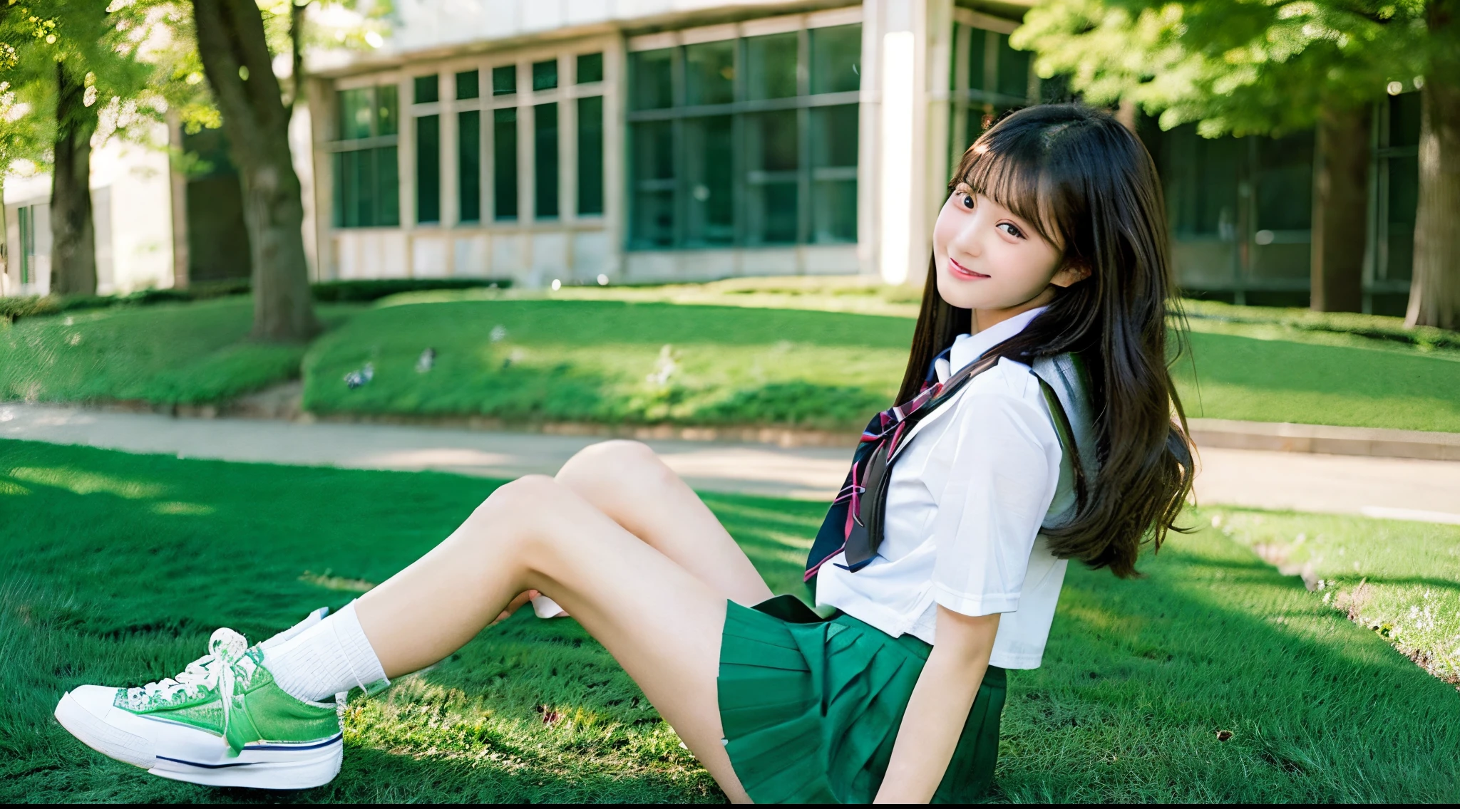 Cute high school girl 18 years old wearing a green miniskirt
