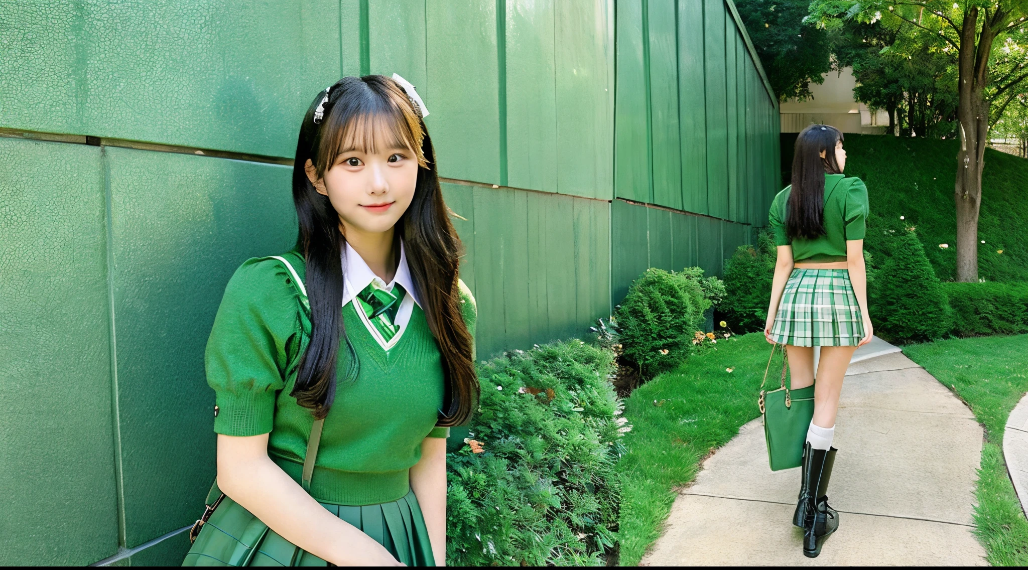 Cute high school girl 18 years old wearing a green miniskirt