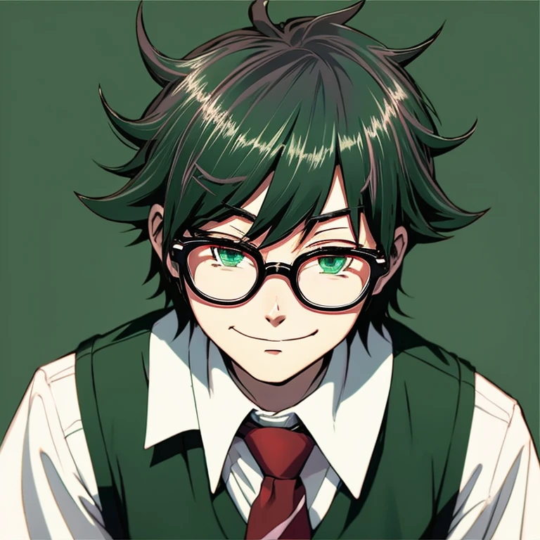 anime styled,boy with glasses and tie,Shy smile,animesque,Neutral face,animesque,distinctly,darkgreen hair,animesque,Ahoge,Tie Red,anime styled,anime styled,Black vest,White shirt,anime styled,Neutral face,cute anime style,Being patted on the head