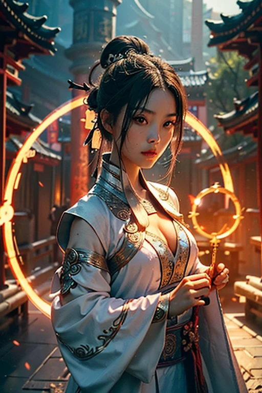Best quality,masterpiece,ultra high res,(photorealistic:1.4),xiuxian,weapon,Detailed face,
1girl,solo,weapon,cleavage,(magic circle:1.2),xiuxian,upper body,Beautiful girl,full body,east asian architecture,sheath,architecture,