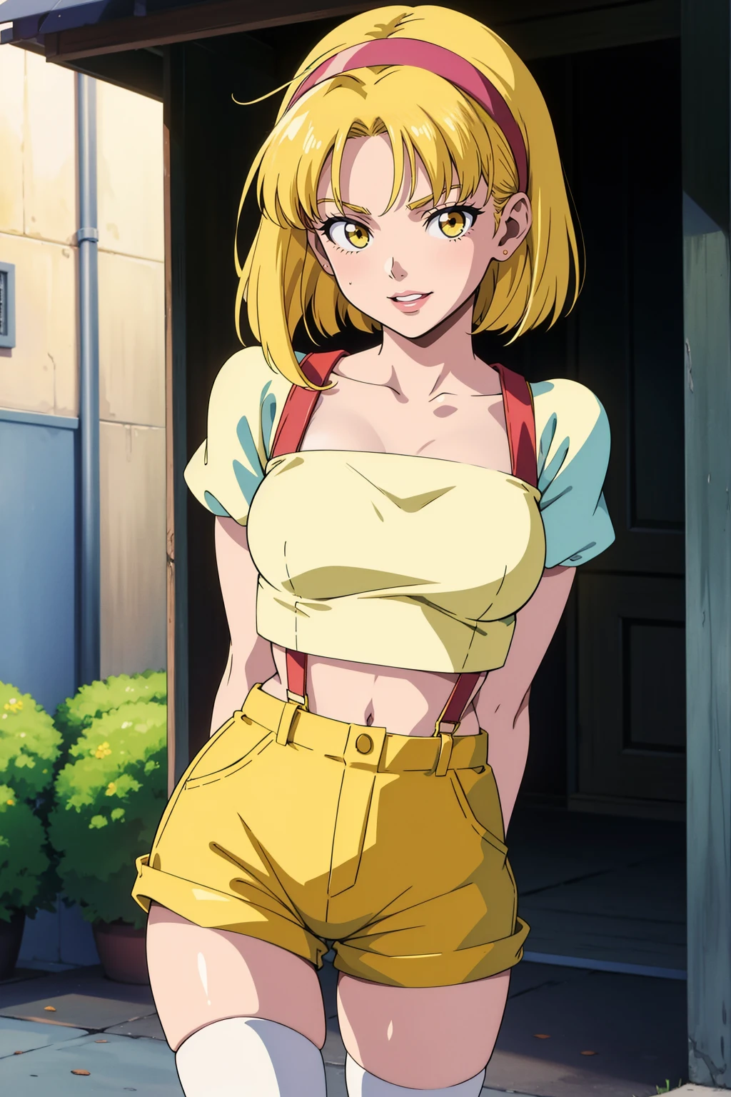 90's anime style,1990s style,1970s anime,1girl, solo, cowboy shot, outdoors, street, smile, parted lips, arms behind back, faye valentine, yellow hairband, yellow shorts, thighhighs, suspenders, midriff, yellow crop top, open clothes, open shirt, areola slip,