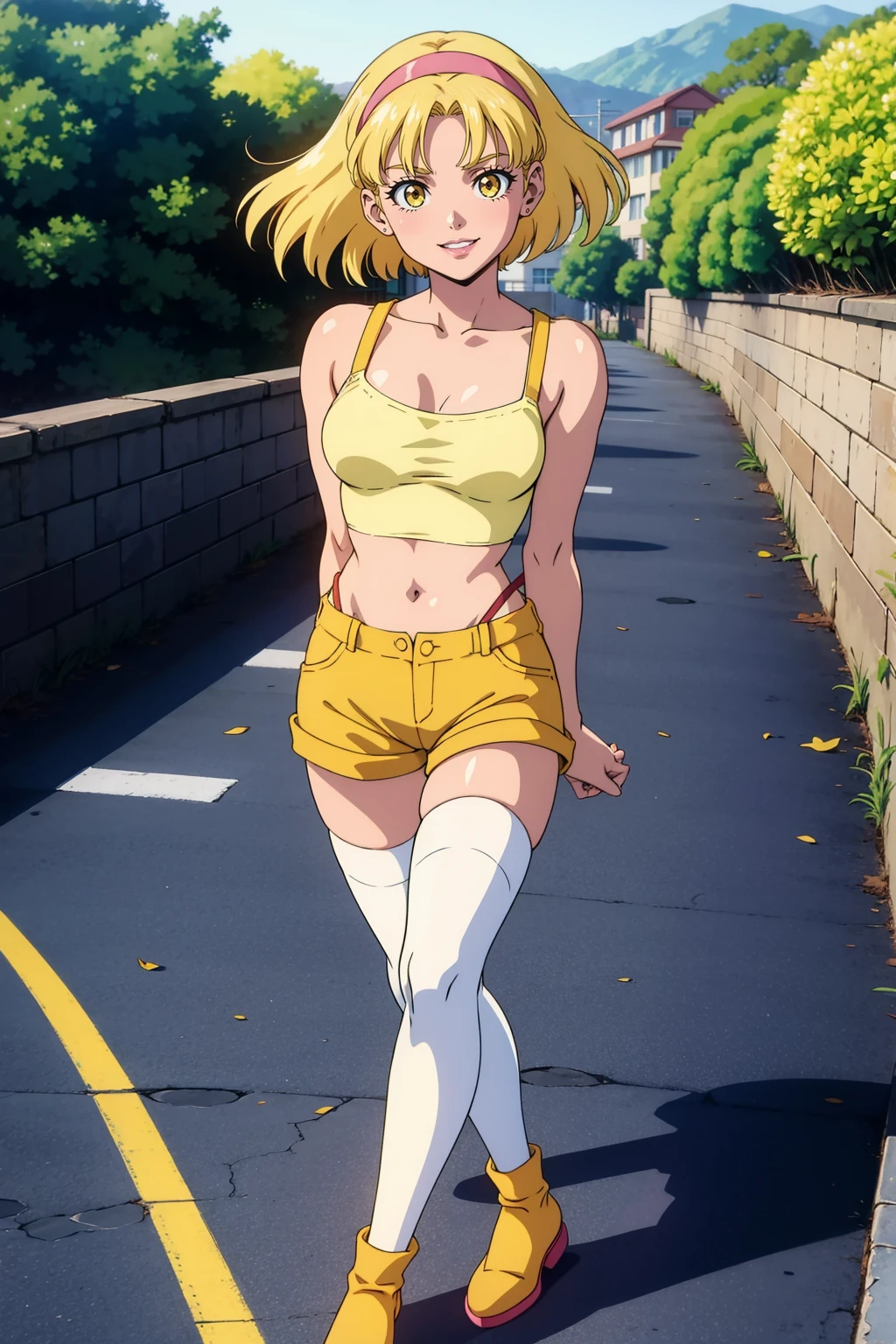 90's anime style,1990s style,1970s anime，1girl, solo, cowboy shot, outdoors, street, smile, parted lips, arms behind back, faye valentine, yellow hairband, yellow shorts, thighhighs, suspenders, midriff, yellow crop top, open clothes, open shirt,  slip,
