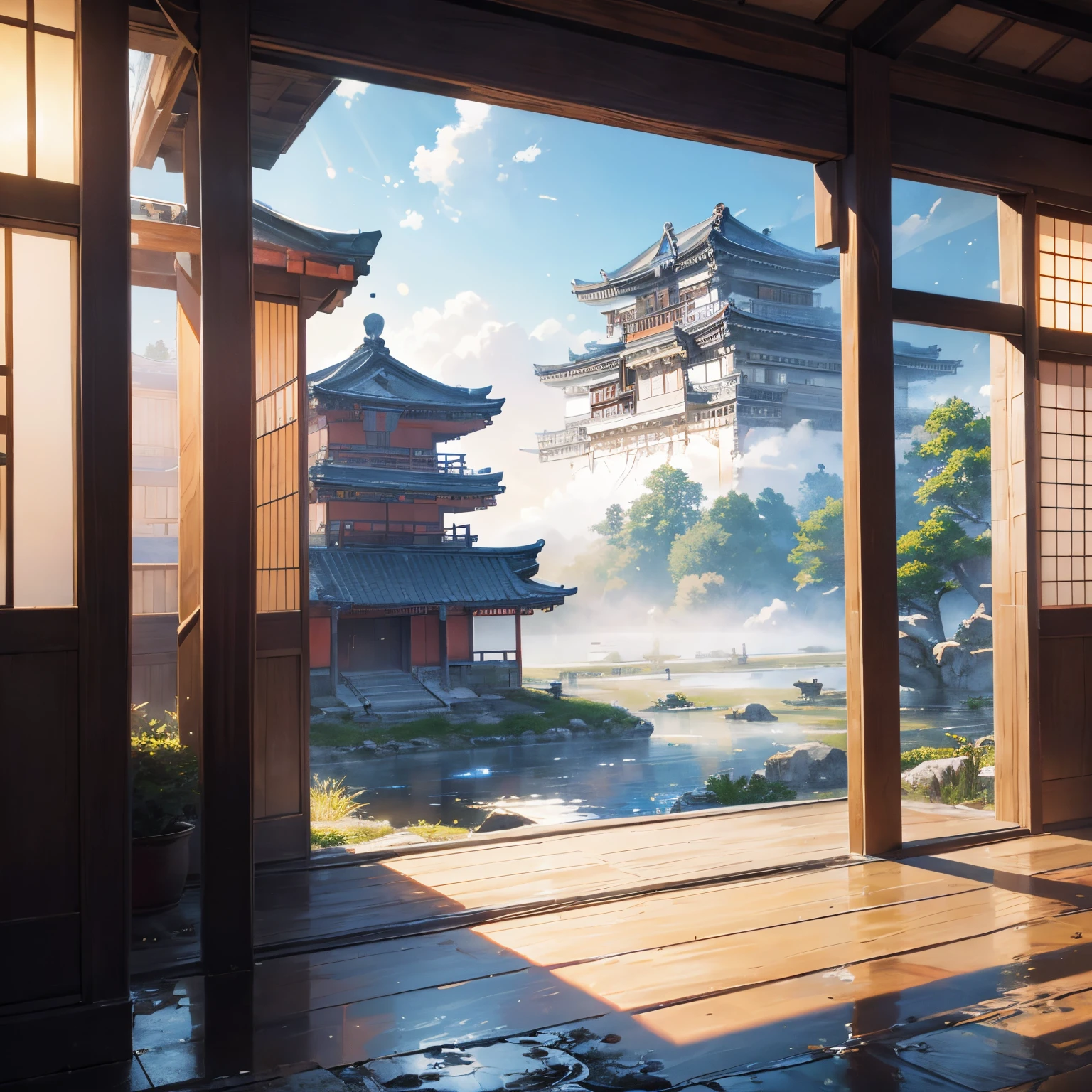 The game scene, the ancient Japanese palace is located above the clouds, surrounded by clouds and mist, majestic, glazed tiles, colorful rays of light, ((color ink)),((splash ink)),((splash ink) ink}) ), masterpiece, high quality, Refined graphics, high detail