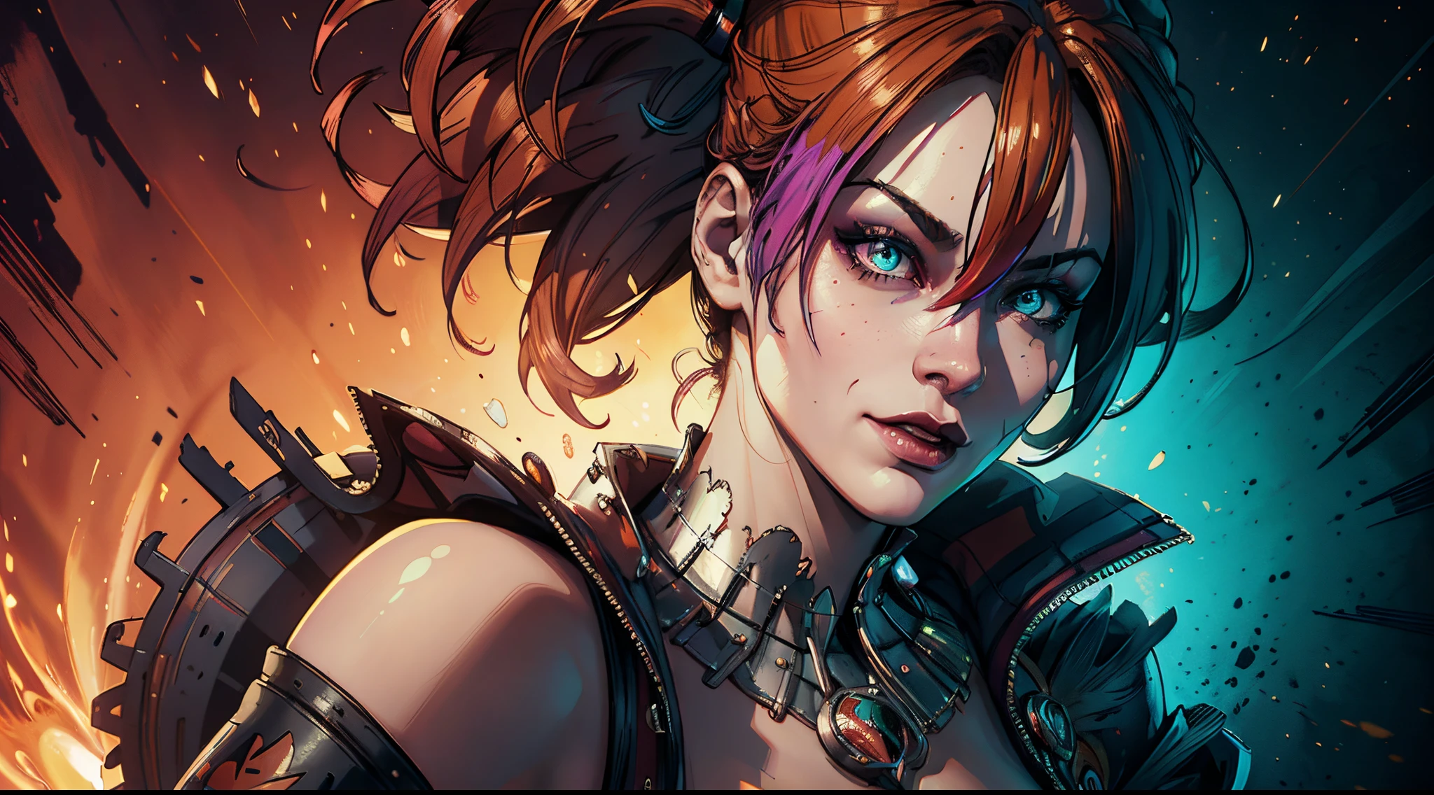 (best quality,4k,highres:1.2),ultra-detailed,realistic,hyper-detailed,beautiful,vibrant colors,paint strokes,portrait,awesome,Harley Quinn,desktop wallpaper,HD quality,sharp focus,vivid colors,happy expression,multi-colored hair,eye-catching,comic book style,playful,creative artwork,highlighted facial features,dynamic composition,unique character,expressive eyes,smiling face,confident posture,detailed clothing,fierce attitude,unforgettable image,striking look,pop art,contrast colors,feminine power,superhero theme,highly detailed shading,vibrant orange,purple,pink and blue color palette,artistic flair,lively background,energetic brushstrokes,eye-catching design,impressive visual impact.