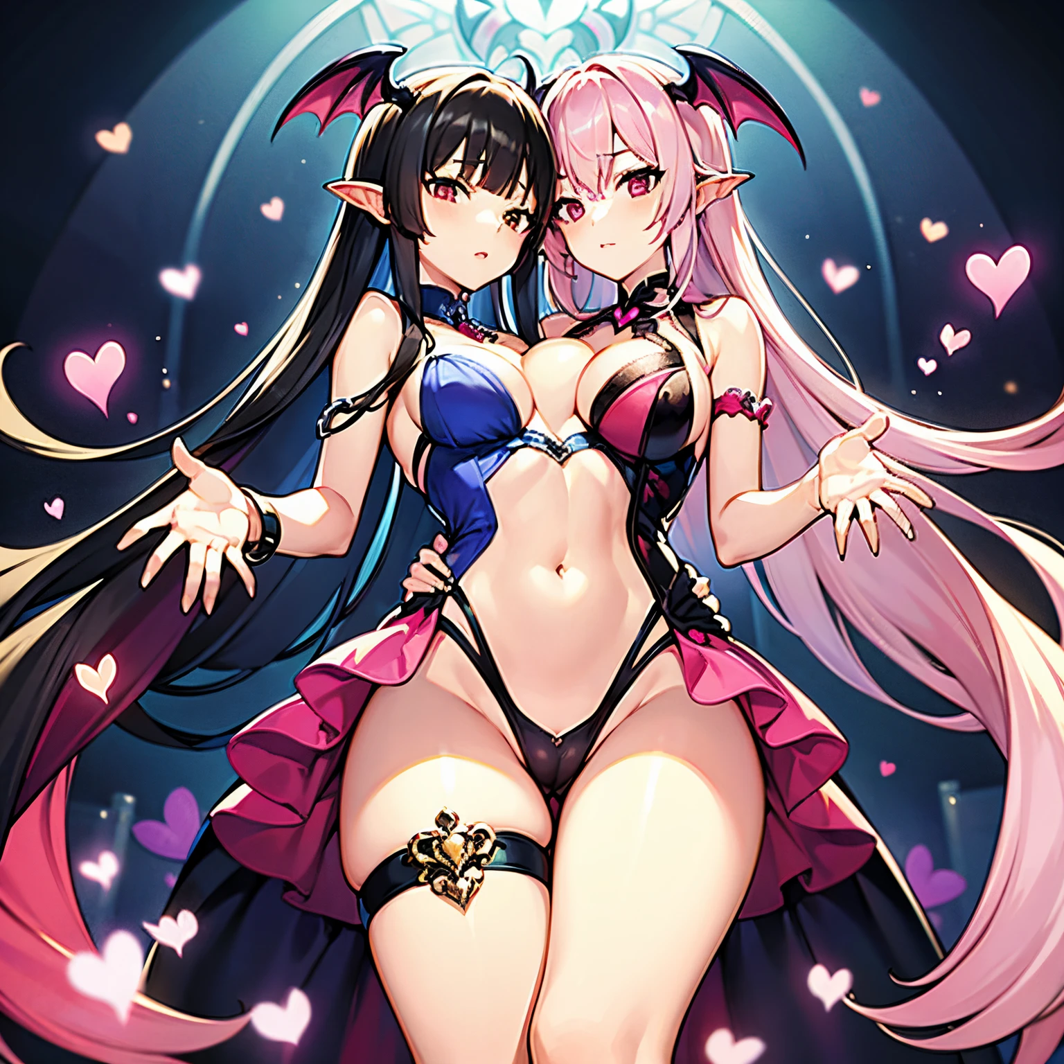 Succubus Pose with your hands on your chest I'm handcuffed I have handcuffs on my legs too.... A dress filled with hearts Pink heart symbol Seductive body long Open crotch pose tempting look Heart background dark backgrounds Eroi body Kiss Face Cute face s girl Angle from below large full breasts two faces from one body Has 4 arms Cerberus