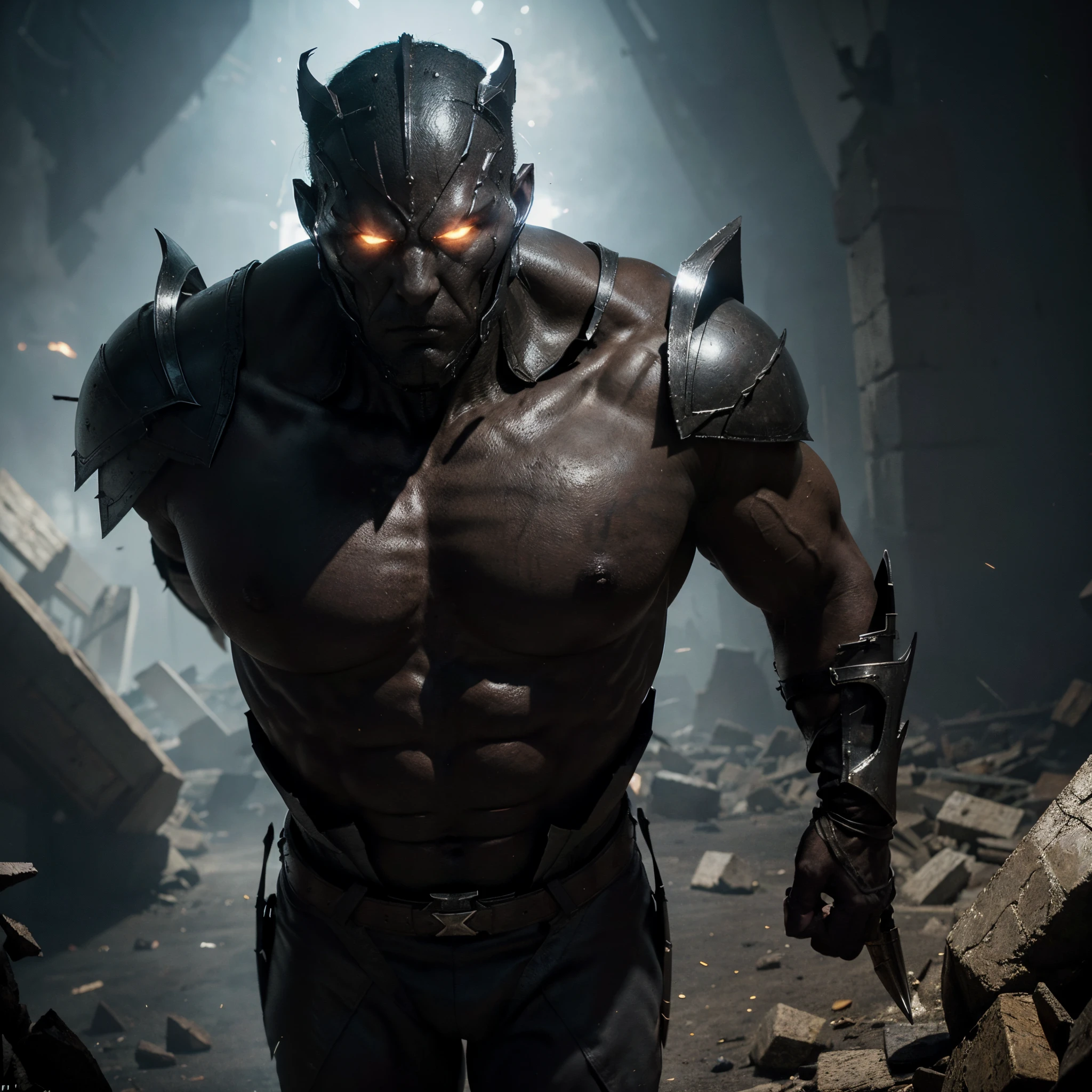 Name: Colossus of Shadows Height: 15 meters Constitution: Slender but muscular body, covered by dark and shiny skin.  Eyes: Three incandescent, sinister eyes aligned vertically on the forehead.  Armor: Sharp, blackened bony plates that protrude randomly from his skin.  Weapons: Razor-sharp claws and a kind of huge launch attached to the forearm.  Magic: Ability to control shadows for surprise attacks and create disorienting illusions.  Weaknesses: Sensitive to bright light and vulnerable to precision attacks on its eyes.
