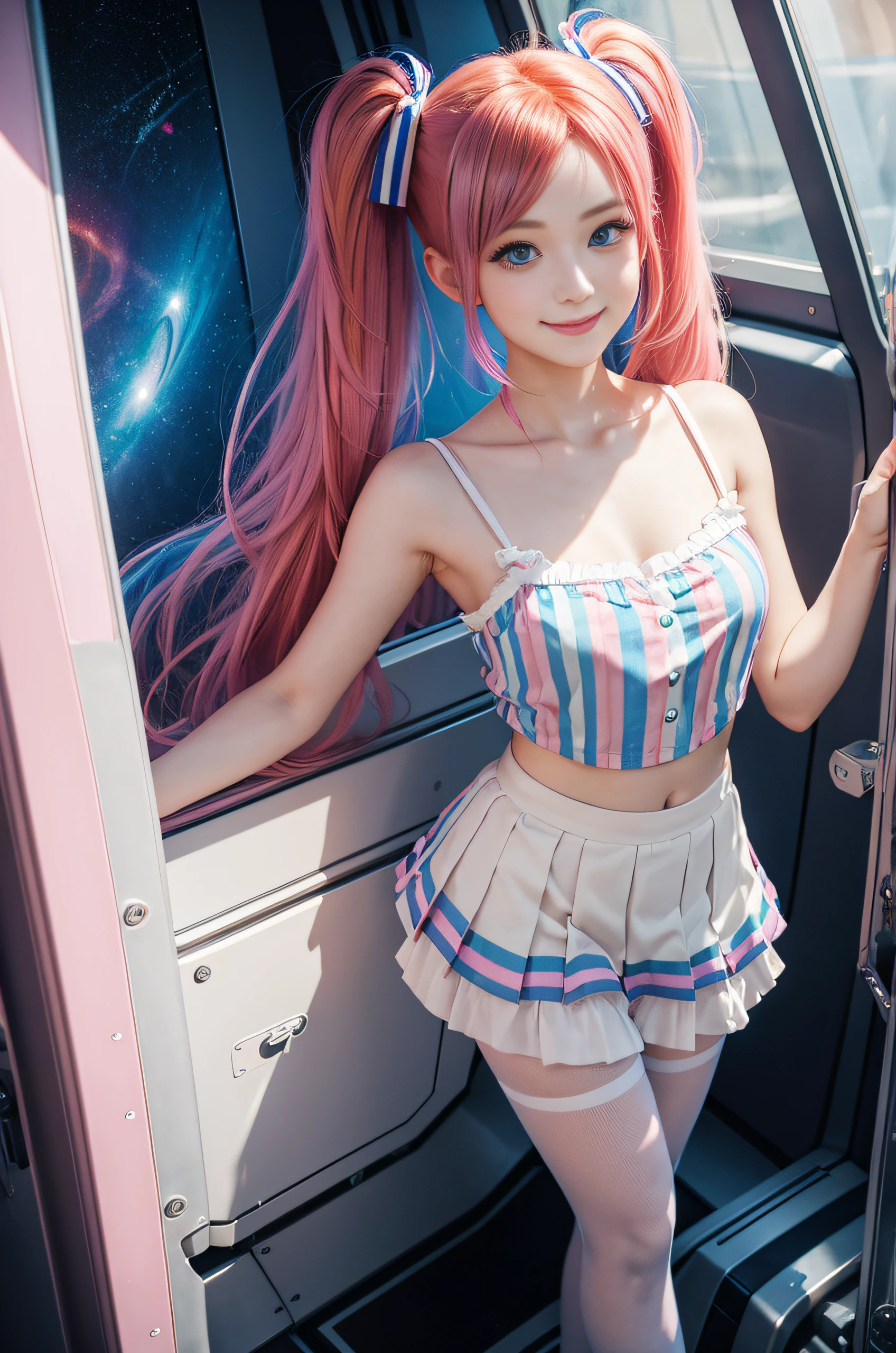 cute redhead with rainbow colored hair tips, 18-year-old woman, happy, in twin tails, perfect blue eyes, pale goth skin, silky smooth skin, standing on a space ship, dark windows, dark lighting, wearing a pastel blue (sheer) nightgown, frilly nightgown, cute white panties and bra underneath her nightgown, panties showing, wearing full body pantyhose.