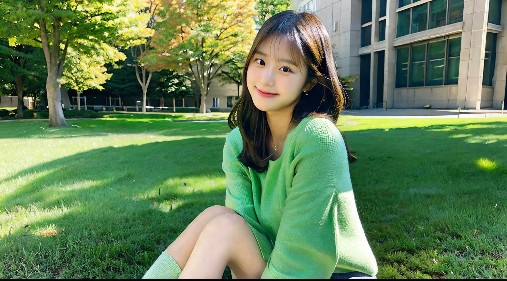 Cute female college student, 18 years old, wearing a green miniskirt