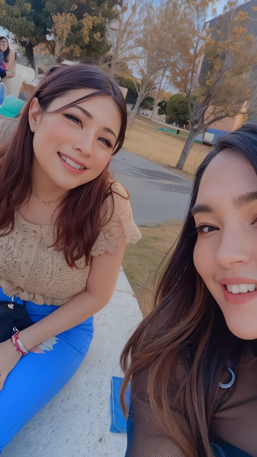 There are two women sitting on a bench smiling at the camera., imagen de muy muy muy baja calidad, foto de perfil, Foto tomada en 2 0 2 0, Foto de baja calidad, both smiling for the camera, # Oc, #Oc, Imagen de perfil, Ayami Kojima y Lyde Caldwell, Hermanas, 📷 Mungojerrie y Rumpleteazer, 8k))