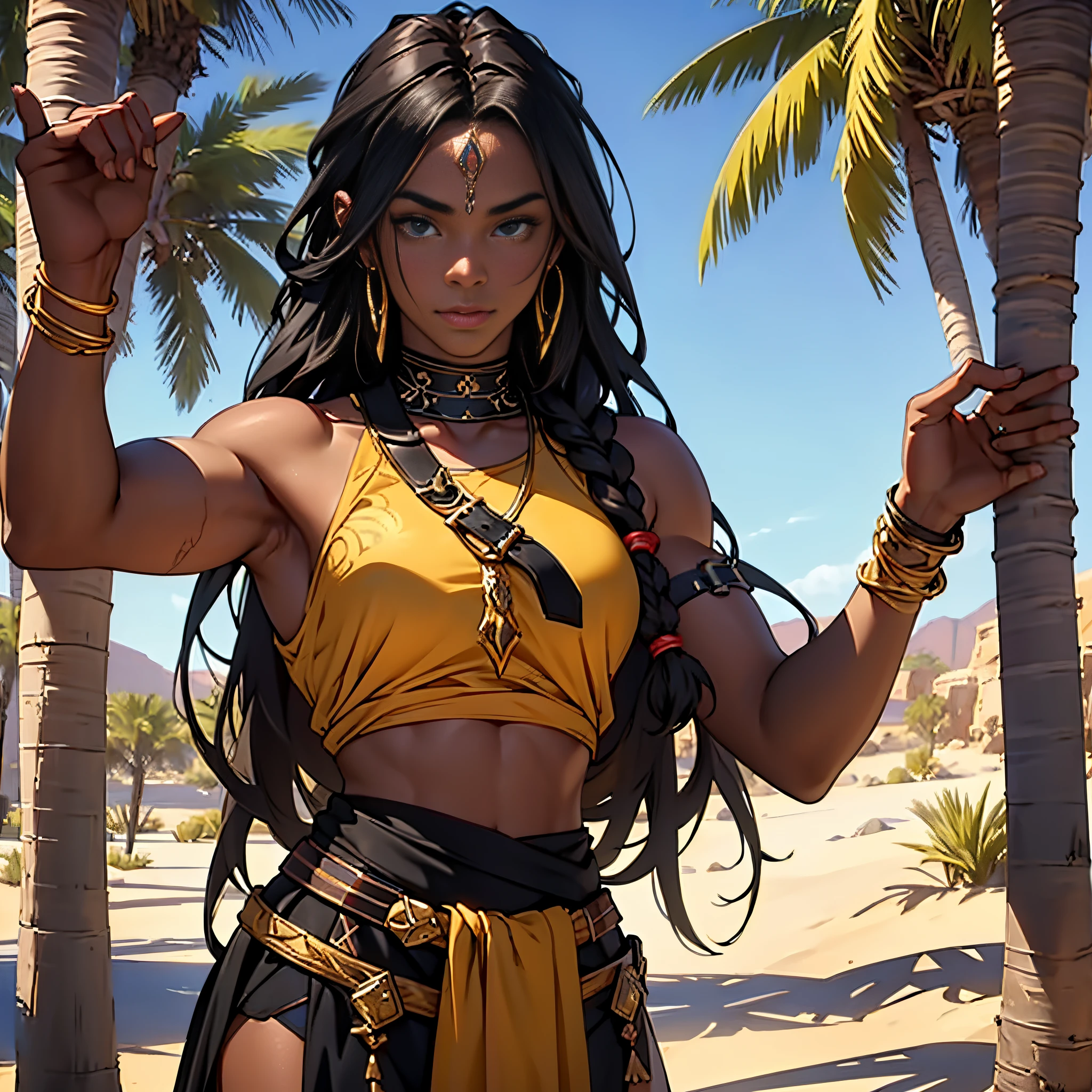 ​masterpiece, Best Quality, detailed, Close-up of a person&#39;Upper body body, Cinematics, 4k, african tribal warrior(Very handsome black woman with long hair), Background with: Golden desert oasis and palm trees