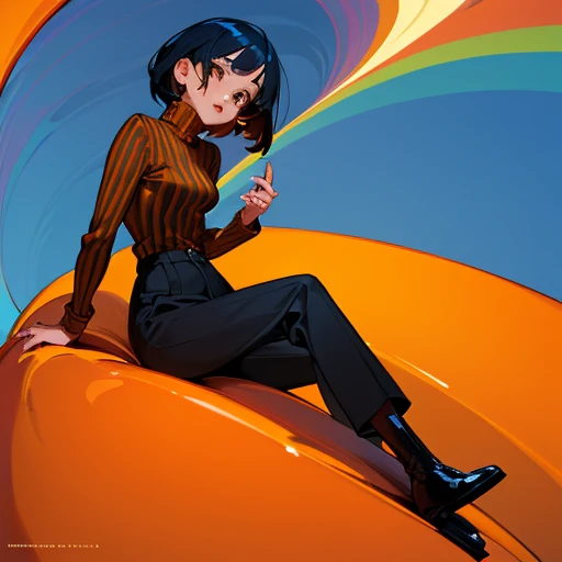 A Brazilian girl with tan caramel skin, big brown eyes, naturally red luscious lips, a striped turtleneck that is somewhat baggy, dress pants and black boots, with blue ombré hair that is very short and wavey in a Bob style,