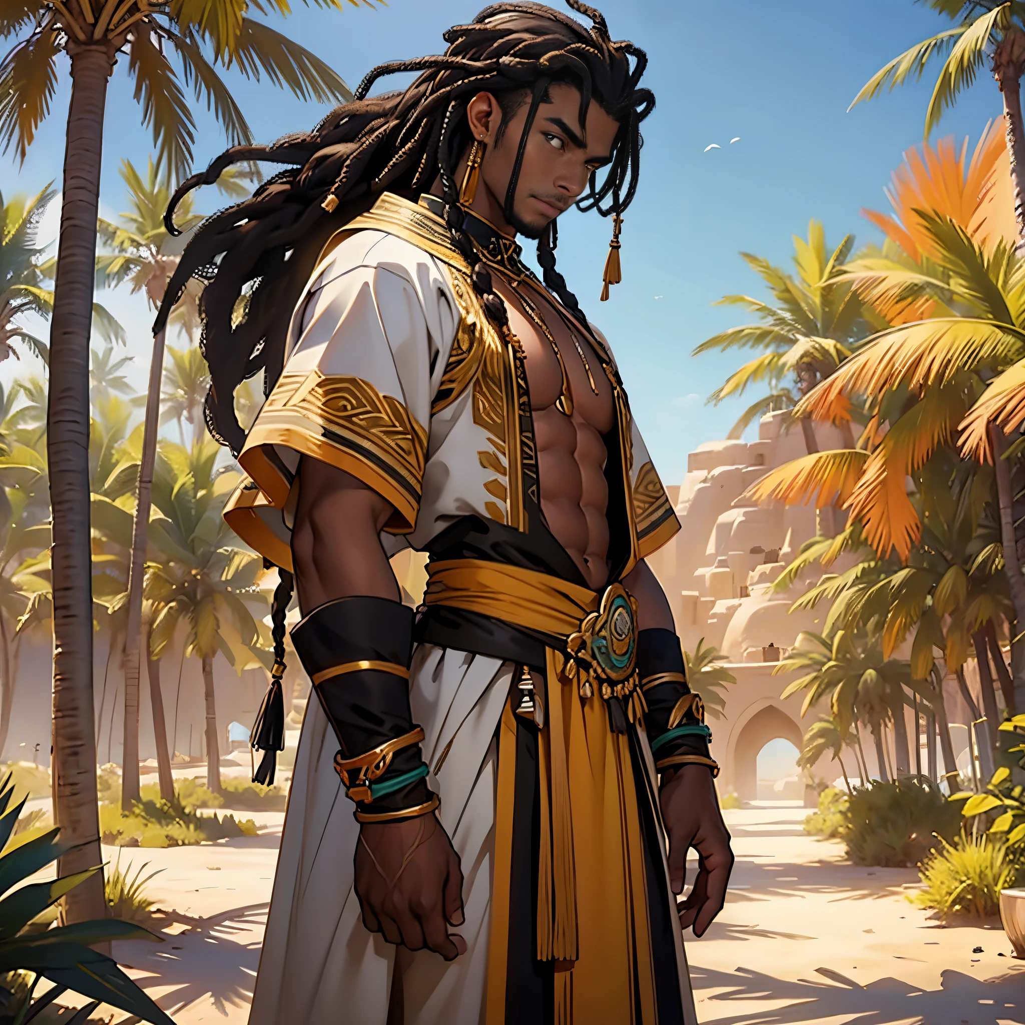 masterpiece, Best Quality, detailed, Cinematics, 4k, african tribal warrior(black man with long hair), Background with: Golden desert oasis and palm trees