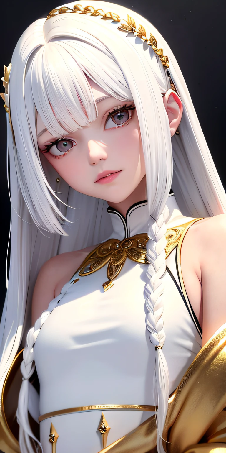 best quality, masterpiece,white hair, gold eyes,white clothes, looking up, upper body,hair strand,Fair skin,side braids