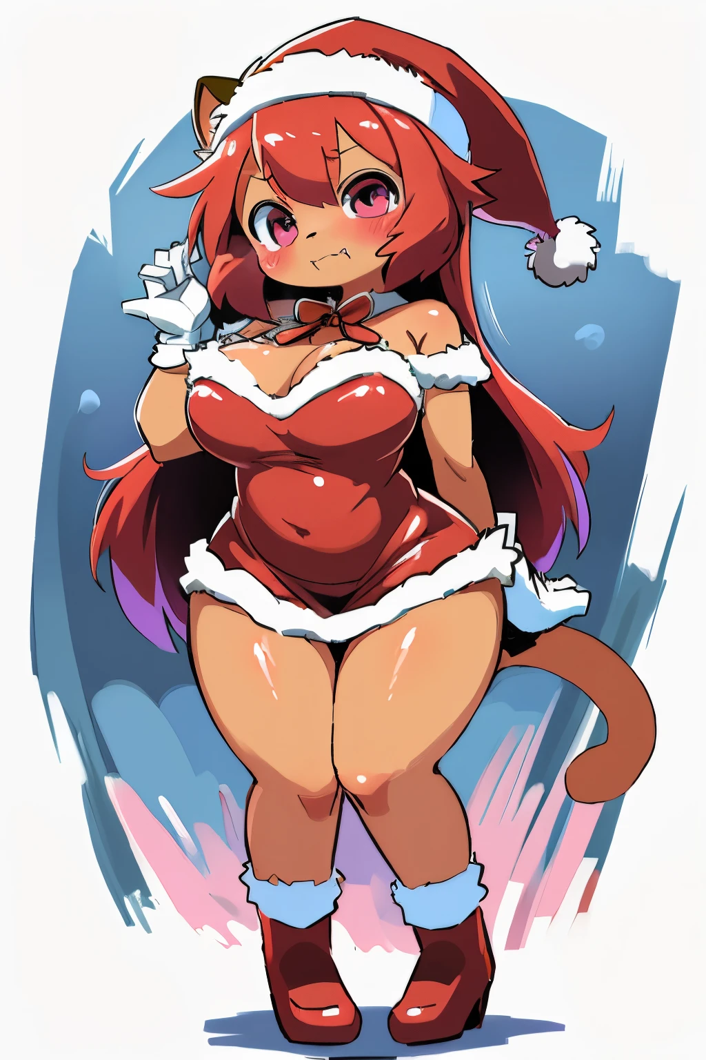 (a tall female humanoid lioness with long hair, red hair, small snout, big chest, lioness tail, slim thighs, fur, pink fur, round head, round chin, big fangs and big pink eyes) wearing (white long gloves, Christmas cape, Christmas hat, Christmas dress, red socks, red flats), ((full body)), full body, embarrassed, looking at viewer, by minus8, by dagasi