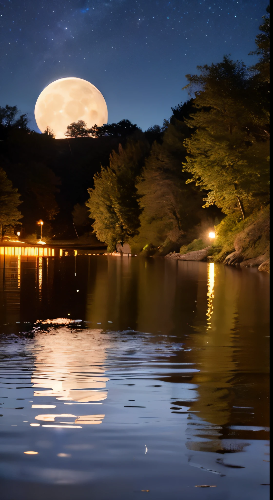 (best quality,highres),anime style,night scene,focused on the moon,stars,beautifully shining stars,full moon in the sky,tranquil scenery,silhouettes of trees under the moonlight,calm and peaceful atmosphere,night sky,luminous moonbeams,serene ambiance,moonglow illuminating the surroundings,vibrant colors of the night sky,dream-like,ethereal,brilliant stars scattered across the canvas,starry constellations,moonlit clouds floating gently,subtle shades of blue and purple,soft and gentle moonlight bathing the scene