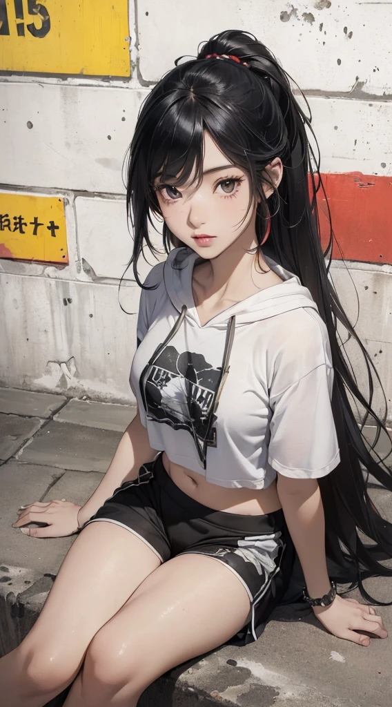 (((8k wallpaper of extremely detailed CG unit:1.2, masterpiece, hight resolution:1.2, top-quality:1.2, masutepiece))), ((a very beautiful woman, sitting on, wearing a short sleeve hoodie:1.2, Wearing hot pants)), ((extra detailed face, Highly detailed black eyes, extra detailed body, Top quality real texture skins)), (Black straight hair, length hair, de pele branca, Small, Exposed belly), ((Colorful wall, Concrete ground)), high-angle, hyper realisitic, digitial painting,