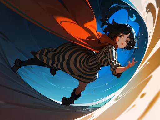 A Brazilian girl with tan caramel skin, big brown eyes, naturally red luscious lips, a striped black and white turtleneck that is somewhat baggy, gray dress pants and black boots, with blue ombré hair that is very short and wavey in a Bob style that’s starts as a bright light blue then goes down into a darker blue,