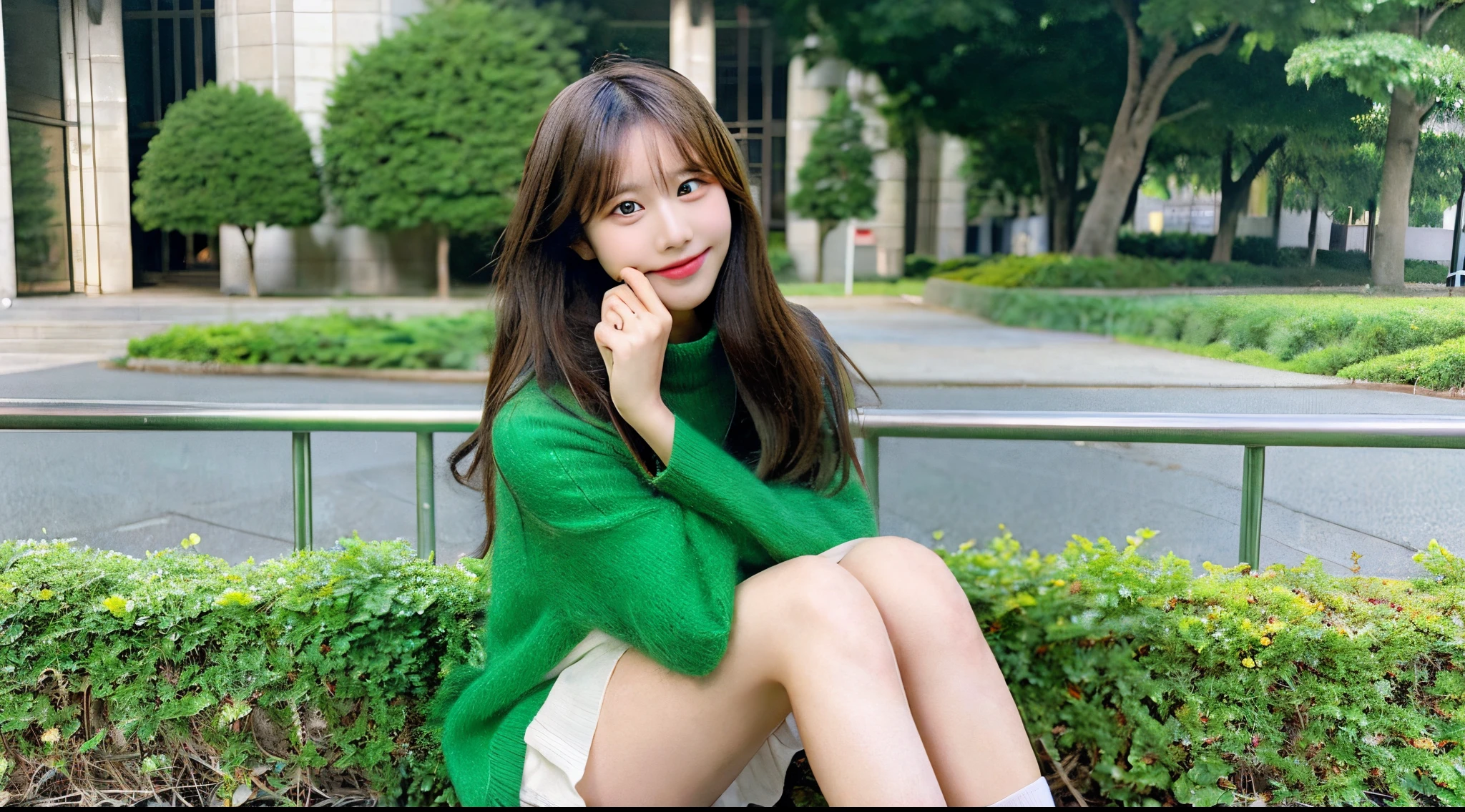 Cute female college student, 18 years old, wearing a green miniskirt