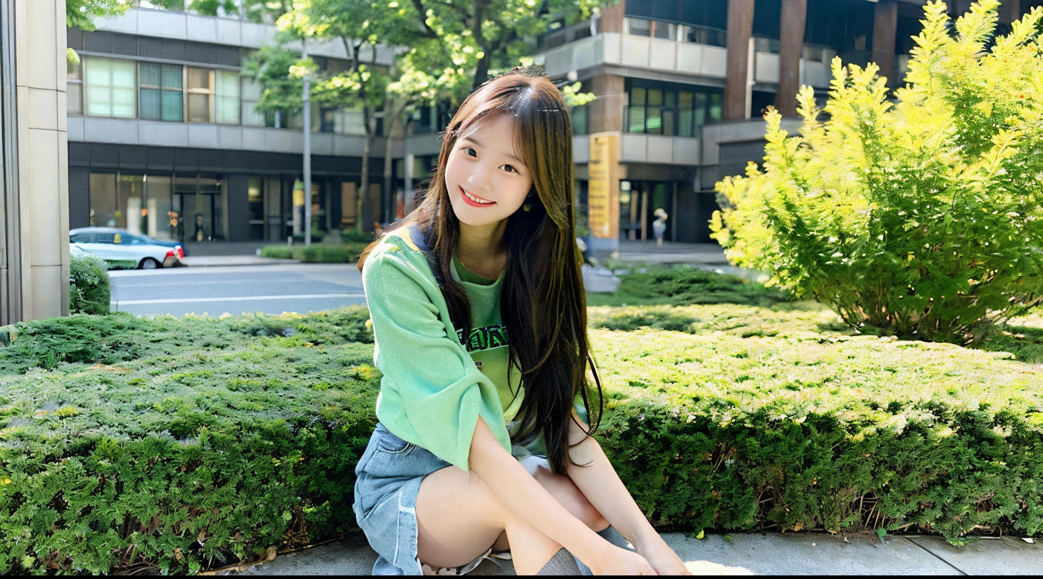 Cute female college student, 18 years old, wearing a green miniskirt