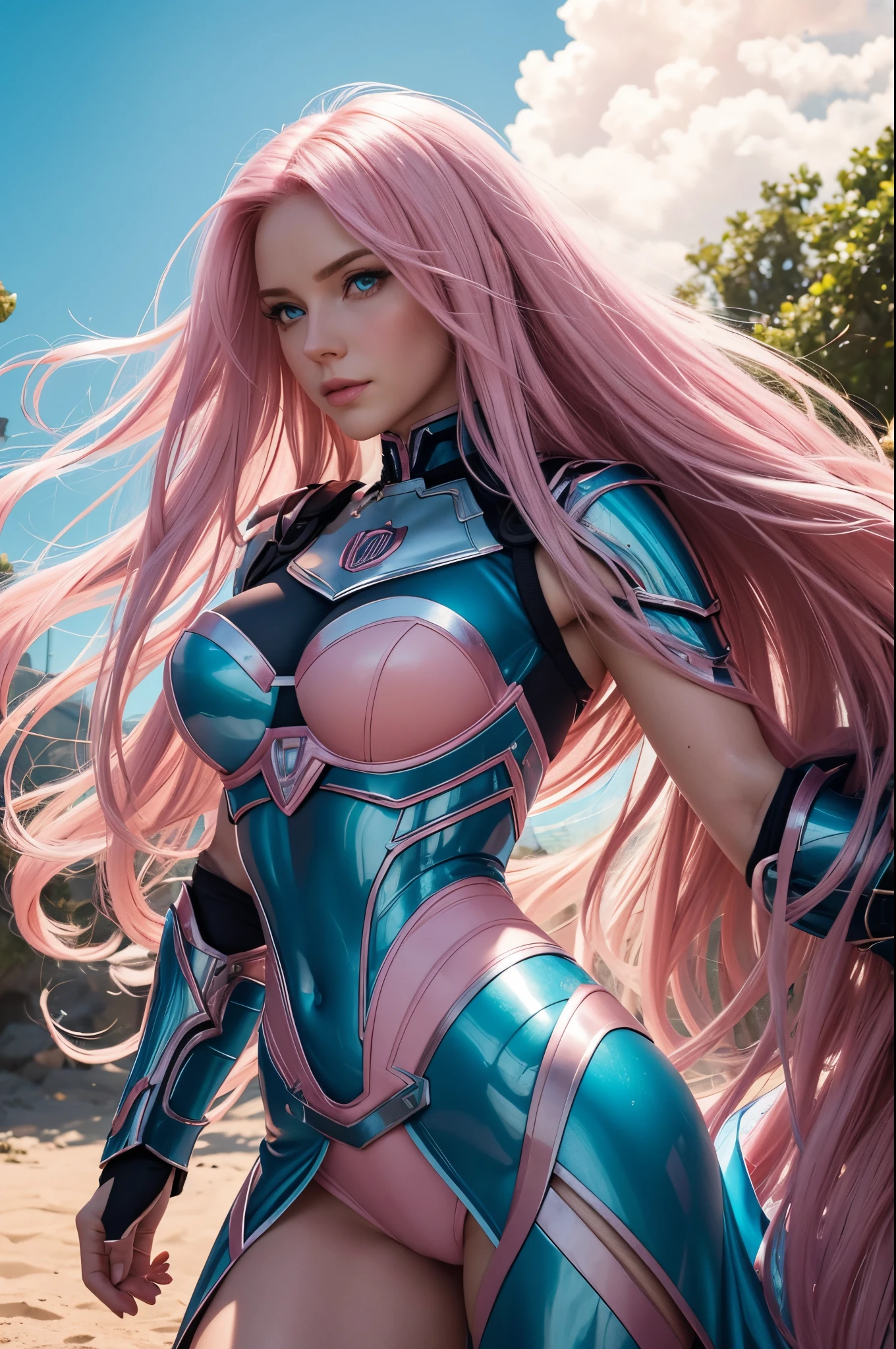 BOMBSHELL GODDESS, MATURE WOMAN, 30 YEARS OLD, HUGE LONG HAIR, PINK HAIR, PALE SKIN, BLUE EYES, LOVELY FACE, ROSY CHEEKS, SHINING PINK BODYSUIT, PINK ARMOUR, BLUE DETAILS, BLUE GAUNLETS, SHOCK COLLAR, ATHLETIC CURVY BODY, MUSCLES, EXPOSED TIGHS, MAJESTIC BODY POSE, MITHOLOGY, ROMANTICISM, TENDERNESS, FORREST, SUN, DAYLIGHT, 64 K QUALITY