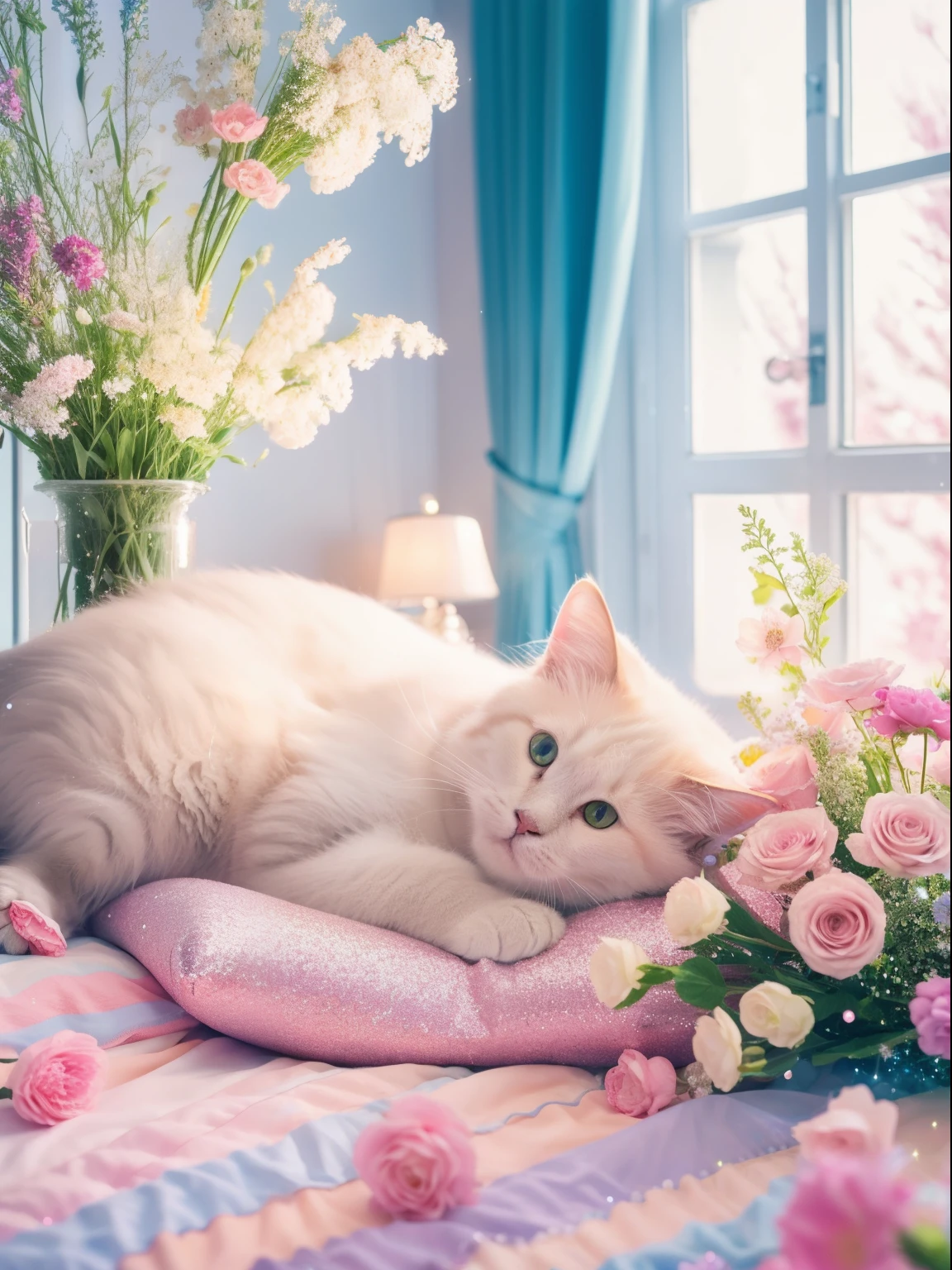 (Extremely detailed, Best Quality), floating, A very delicate and beautiful dreamlike scene,, , [(1girl in),(long purple hair), Detailed face, Neck ribbon, elegant blue dress, Stand on the clouds, (Wide Shot), (Mysterious atmosphere):1.5],, (Fluffy cat),(Bouquet of flowers),(Soft light),(Pastel colors),(Glitter):0.8]