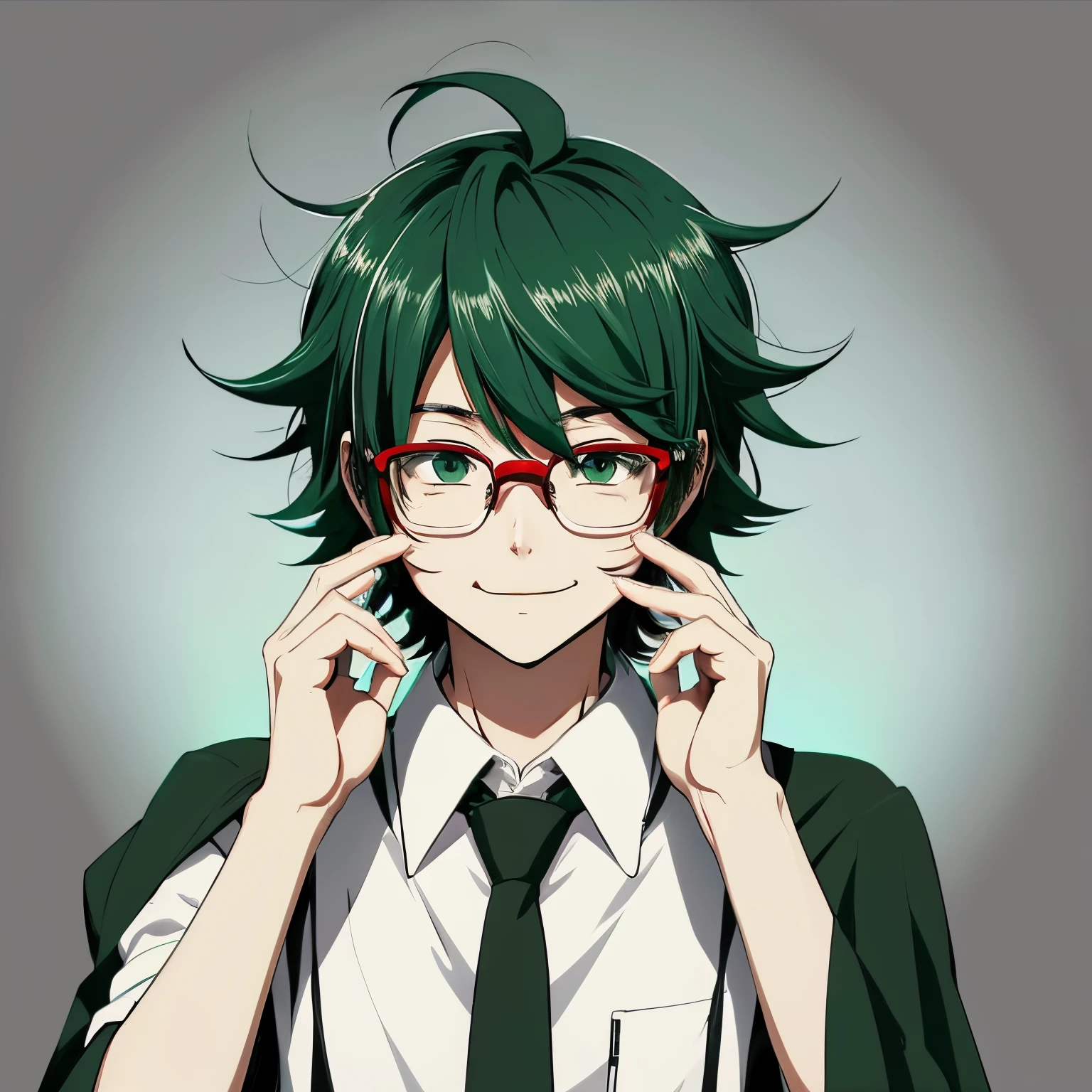 anime styled，boy with glasses and tie，Shy smile，animesque，Neutral face，animesque，distinctly，darkgreen hair，animesque，Ahoge，Tie Red，anime styled，anime styled，Black vest，White shirt，anime styled，Neutral face，cute anime style，Being patted on the head
