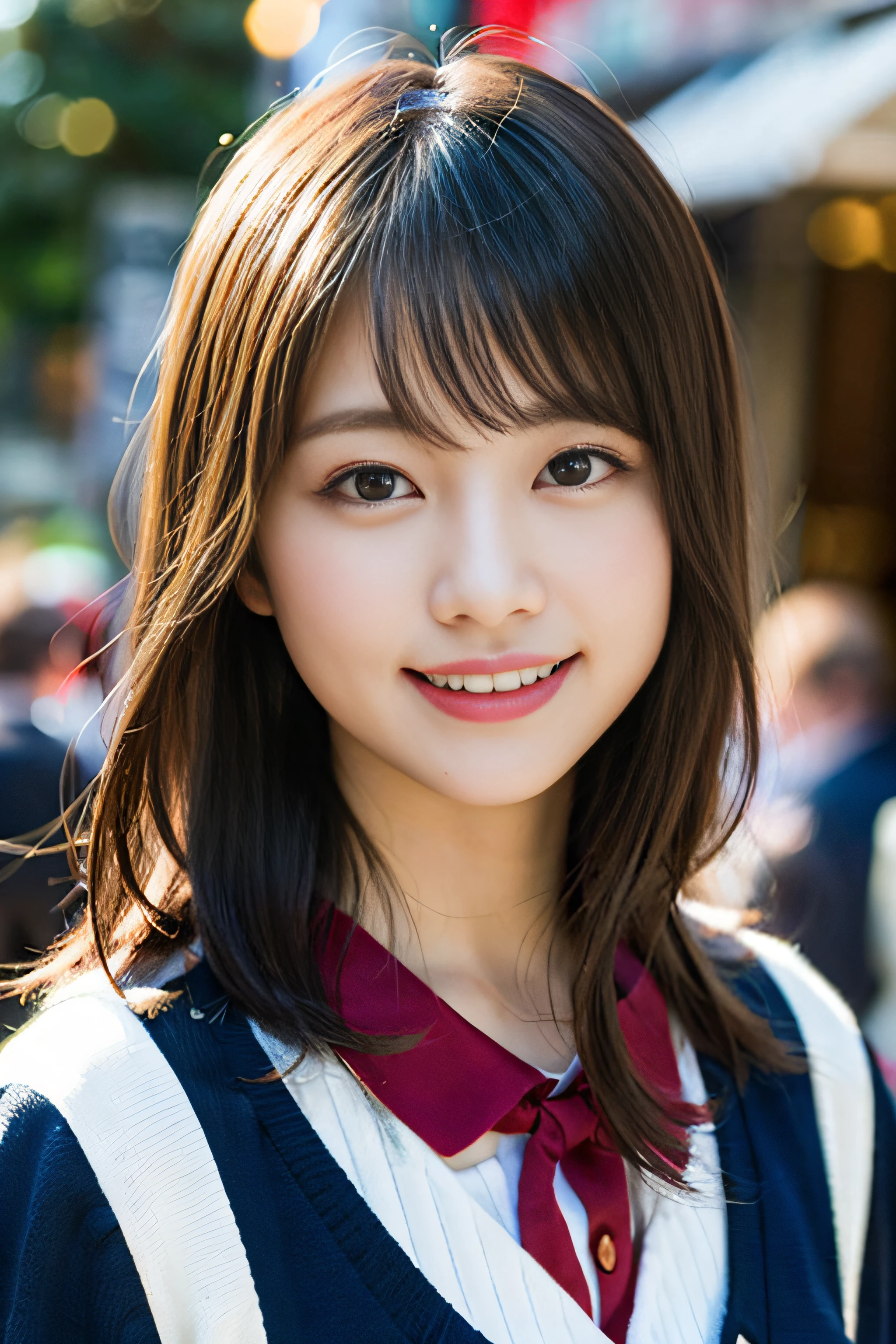 (8K、Raw photography、top-quality、masterpiece:1.2)、(realisitic、Photorealsitic:1.37)、ultra-detailliert、超A high resolution、1人、see the beholder、beautifull detailed face、A smile、Constriction、(Slim waist) :1.3)、Beautiful detailed skin、Skin Texture、Floating hair、Professional Lighting、Whole human body、Longhaire、a blond、japanese hight school uniform、hi-school girl、School route、First snow、、Red ribbons、Bob Hair、Happy smile、Chi smile、Suppin、Dark blue cardigan、Ramen shop