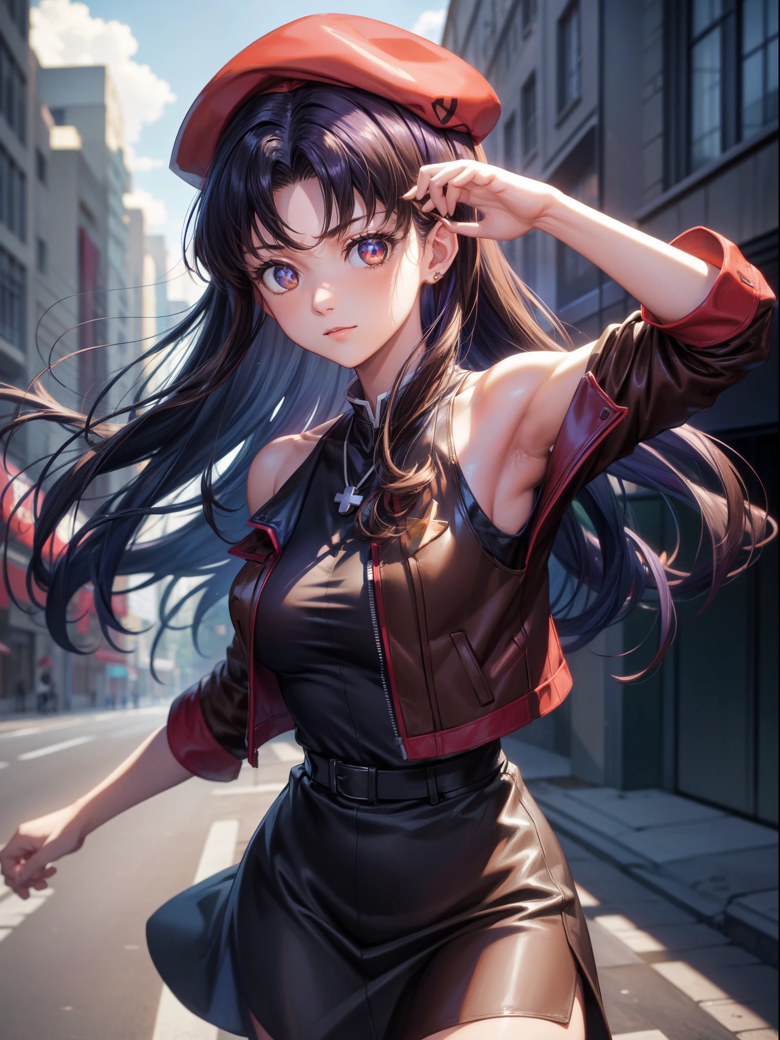 Misato katsuragi, Misato Katsuragi, Long hair, (Brown eyes:1.5), Blue hair, Purple hair,
The break has, Dress, Bare shoulders, Jewelry, Jacket, earrings, Open your clothes, Sleeveless, Necklace, Black Dress, Open jacket, Sleeveless dress, beret, Short dress, Cross, red headwear, Red jacket, Cross Necklace,
BREAK looking at viewer,
BREAK outdoors, city,
BREAK (masutepiece:1.2), Best Quality, High resolution, Unity 8k壁纸, (Illustration:0.8), (Beautiful detailed eyes:1.6), extra detailed face, Perfect Lighting, extremely details CG, (Perfect hands, Perfect Anatomy),