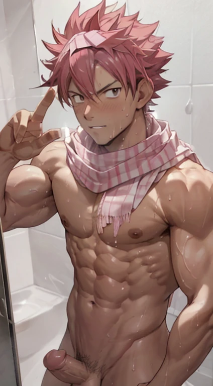 masterpiece, best quality red eyes, game cg, 1boy naked and V-Line sweating, solo, male focus, (looking at viewer), upper body sweating, natsu_dragneel Natsu Dragneel, pink hair, brown eyes, shirtless naked, ((white scarf:1.2)), toned muscle sweating, pectorals, 8 abs, toned legs, naked legs, slightly bulged, detailed, bedroom lighting, well lit, naked body, shower in the background, ((upper body)), (naked flaccid penis:1.2) (body against glass:1.5)