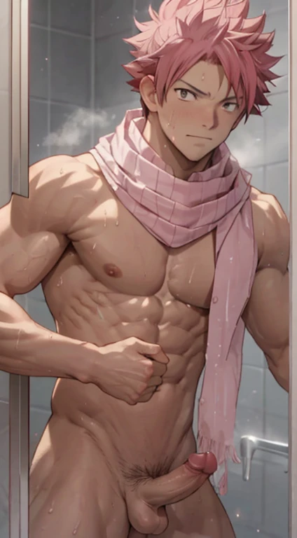 masterpiece, best quality red eyes, game cg, 1boy naked and V-Line sweating, solo, male focus, (looking at viewer), upper body sweating, natsu_dragneel Natsu Dragneel, pink hair, brown eyes, shirtless naked, ((white scarf:1.2)), toned muscle sweating, pectorals, 8 abs, toned legs, naked legs, slightly bulged, detailed, bedroom lighting, well lit, naked body, shower in the background, ((upper body)), (naked flaccid penis:1.2) (body against glass:1.5)