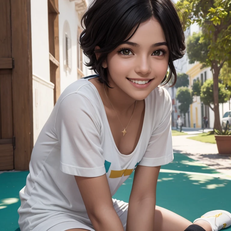 hemosa chica adolesente , 15 years ,una mujer joven con cabello corto negro, ojos verdes, pelo corto hasta los hombros, ella esta sola en la plaza, Es de noche, pevas en mejillas , viste playera blanca con imagen de estrella, falda negra , calcetas blancas , tenis verdes , linda sonrisa , maquillaje ,con una gran cantidad de detalles, Best Cinematography, obra maestra, luz cinematografica, sonriente, feliz, , fuera de escuela