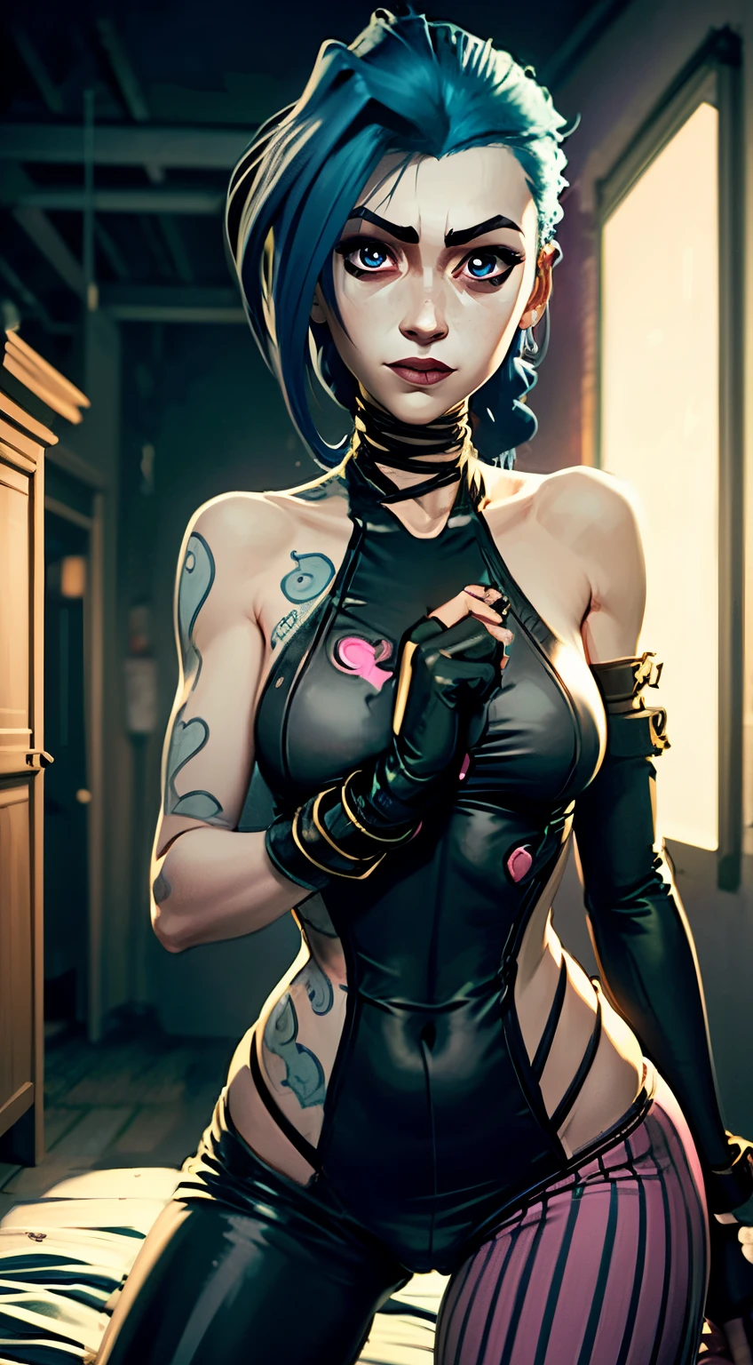 portraite of a, adult girl, in full height (Body Full 1.1), night city, , Eroudie, Fantasy City, Kneeling,, close up face, facial focus, upper-body, covers his chest with his hands, covers his bare chest with his palms, ssmile, Smiling, enthusiasm, closeup face, glow in the dark paint, Dark tones, Dark blue background, Arcane style, Arcane's Jinx (character design 1.1.), Standing in a fighting stance, very long blue braids, two very long tails of hair, Very detailed. Anime style, The secret of animation, gloomy composition, The Gloomy Room, luminescent paint on the walls, drawings on the walls, gloomy atmosphere, glowing pink eyes (highly detailed glowing pink eyes, pink pupils 1.1), Pink pupils, very detailed eyes, Beautiful figure, a 1girl, Beautiful figure (Proper Anatopy 1.1.), Slender figure, shapely legs, Blue hair, hairlong, Skinny black leather pants, Very detailed face, Very beautiful face, Very sexy ass, full ght (Body Full 1.1), small elastic breasts, Little autiful slim fig, small buttocks, black tight suitrpiece，beste-Qualit，higly detailed，Visible to the feet， 8K resolution， High