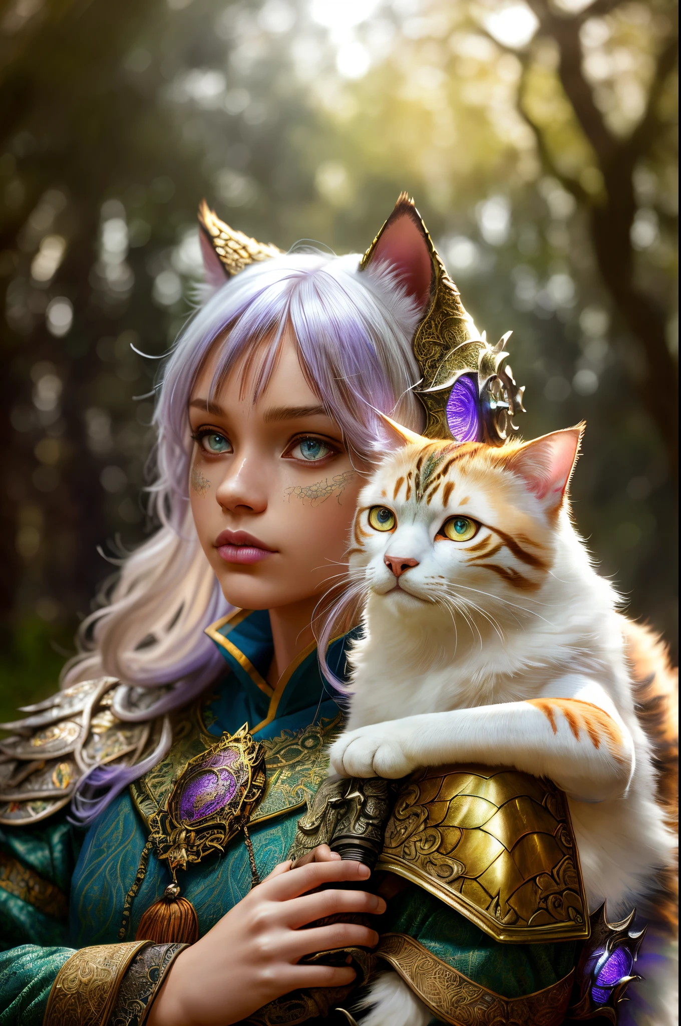 Girl with a cat, cat ears, chibi, blau, golden, A white, violet, dragon scale armor, Forest background, Fantasy style, (Dark shot: 1.17), Epic Realistic, Faded, ((neutral colors)), art, (HDR: 1.5), (Muted colors: 1.2), hyper-detalied, (ArtStation: 1.5), Filmic, warm light, Dramatic light, (intricate detials: 1.1), Complex background, (by rutkowski: 0.8), (teal and orange: 0.4), colourful, (natural skin textures, hyper realisitc, soft light,  sharp:1.2), (intricate detials:1.12), HDR, (intricate detials, hyper-detailed:1.15), Blond curly hair,
